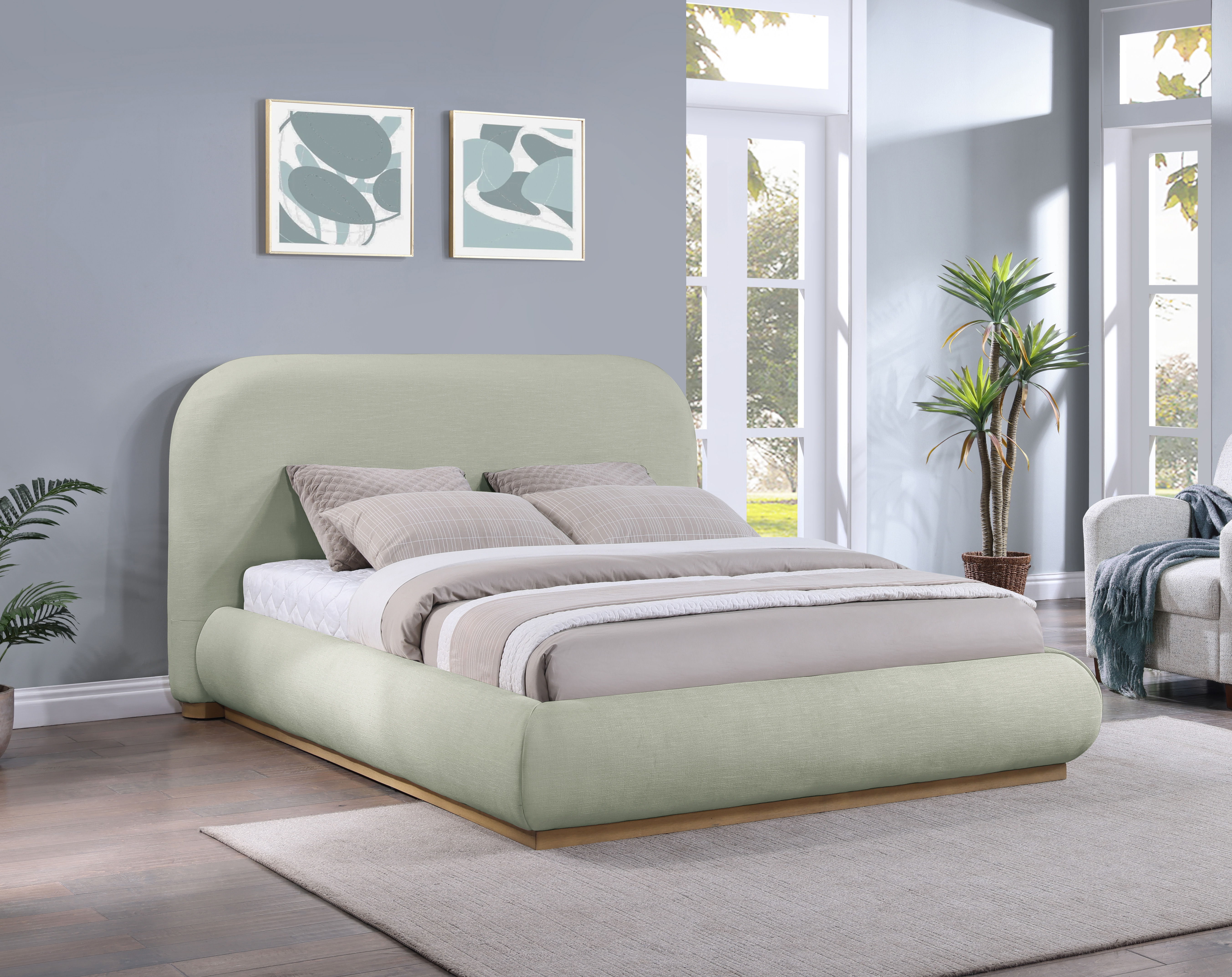 Vaughn - Chenille Queen Bed With Natural Base - Mint