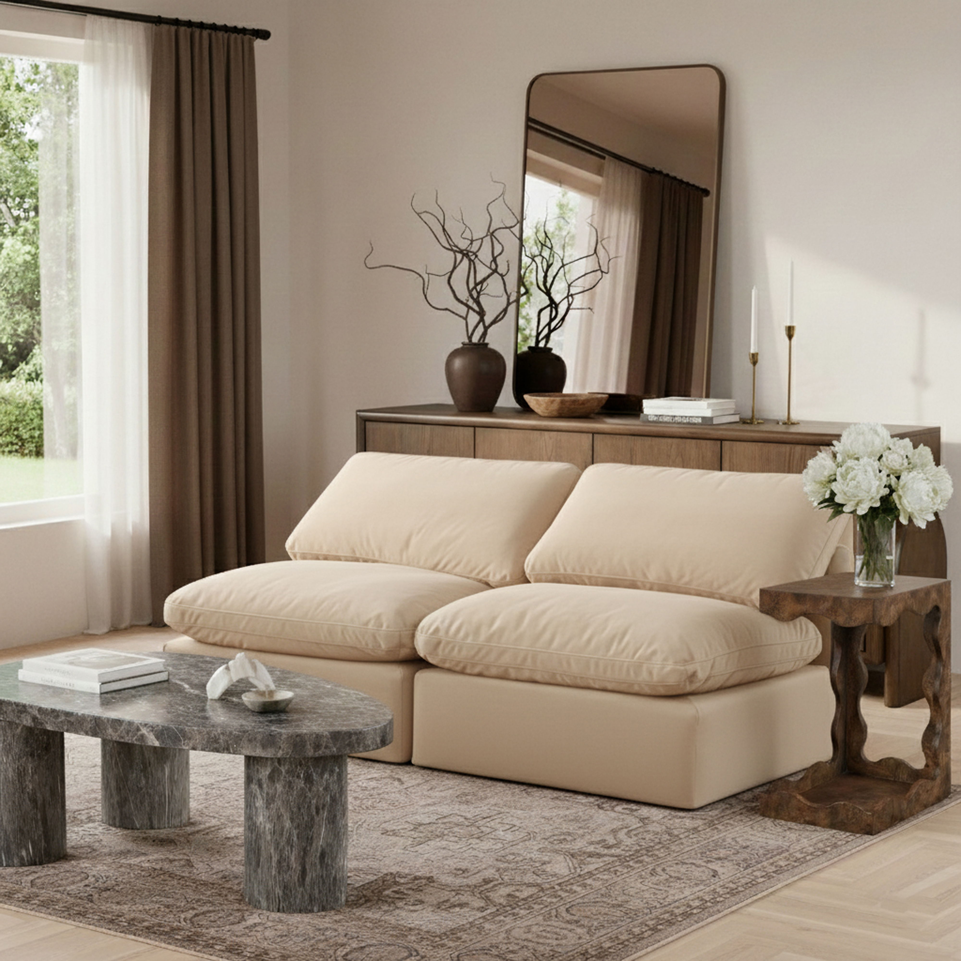 Indulge - Velvet 2 Piece Modular Armless Sofa - Beige