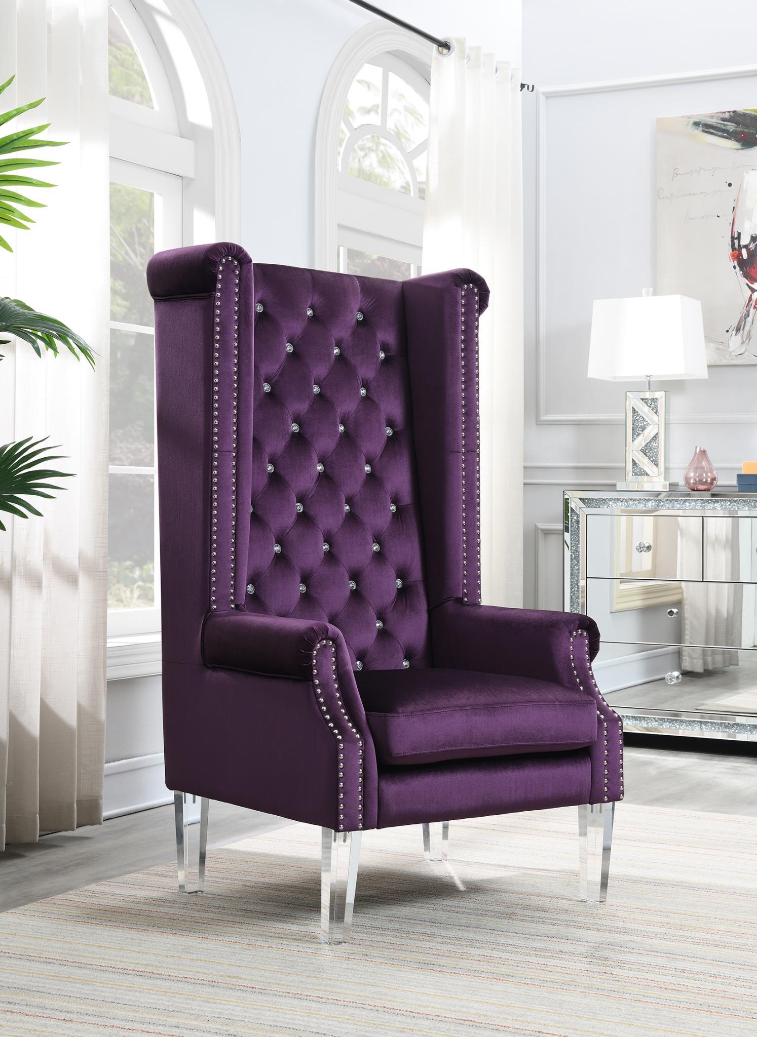 D2090 - High Back Velvet Wing Chair With Acrylic Legs - Purple