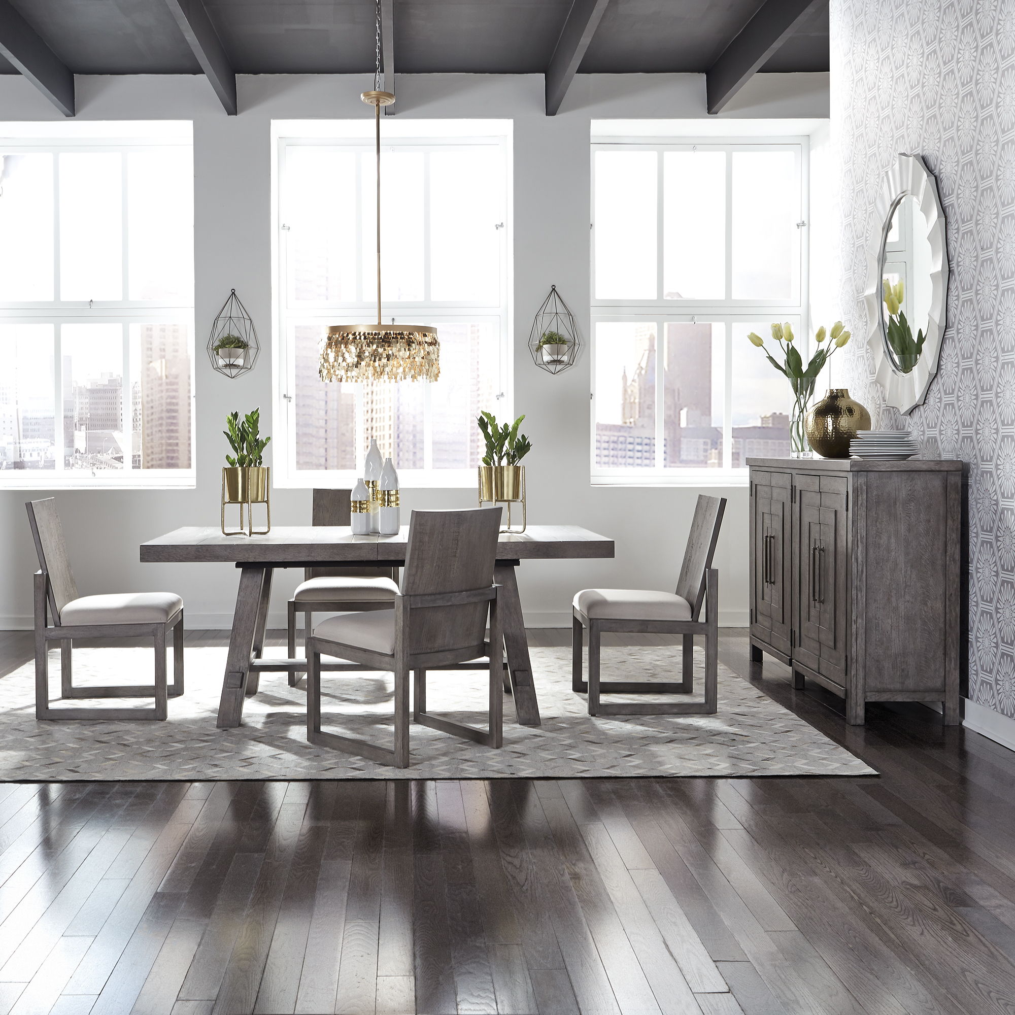 Liberty Furniture Modern Farmhouse - 5 Piece Trestle Table Set (Panel-Back Chairs) - Charcoal