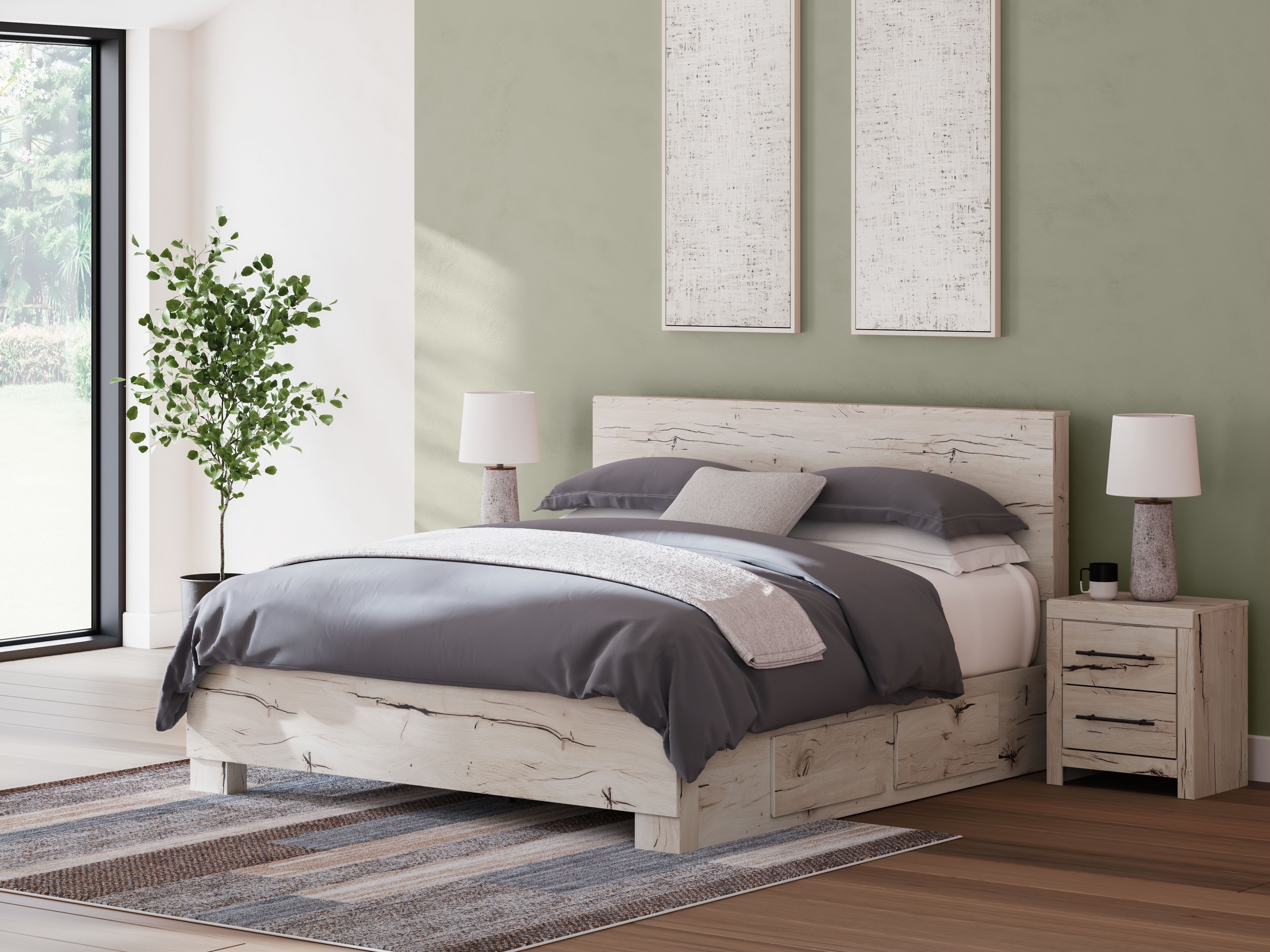 Ashley Lawroy - Light Natural - King Panel Bed With Under Bed Storage