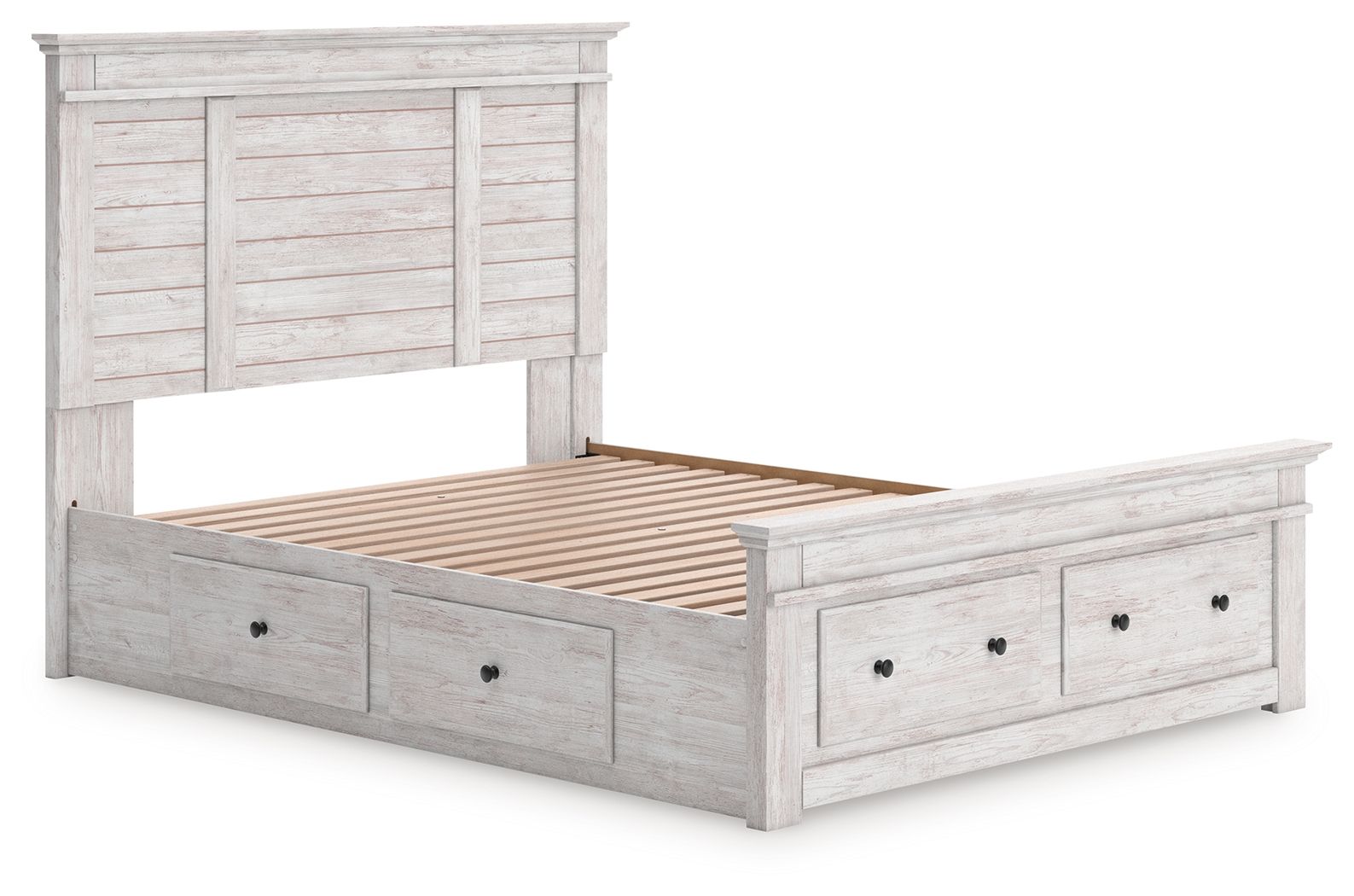 Makidern - Queen Panel Storage Bed With 2 Under Bed Storage Units And Storage Footboard - Whitewash