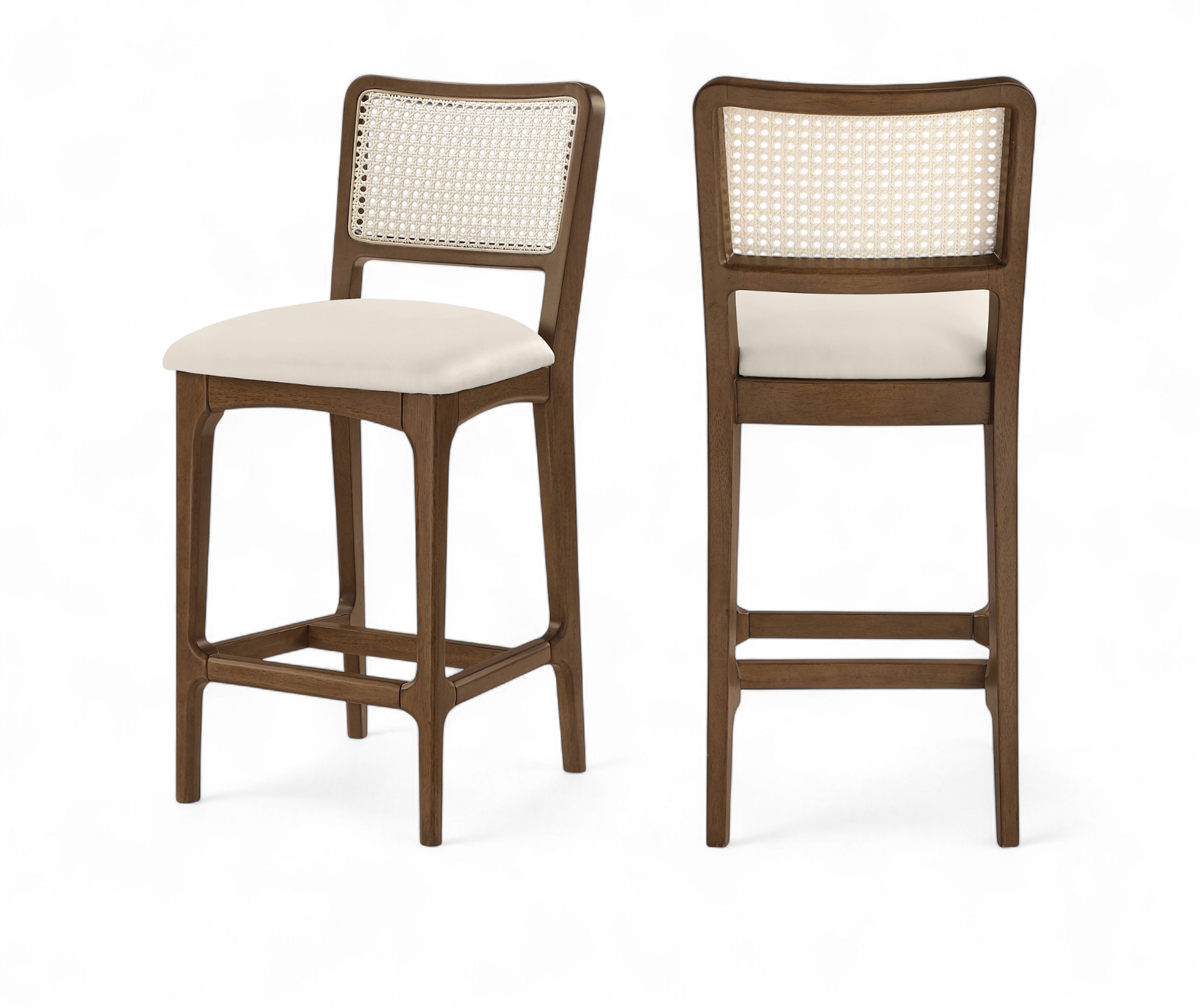 Atrium - Cane Back And Vegan Leather Upholstered Seat Counter Stool (Set of 2) - Cream / Brushed Brown