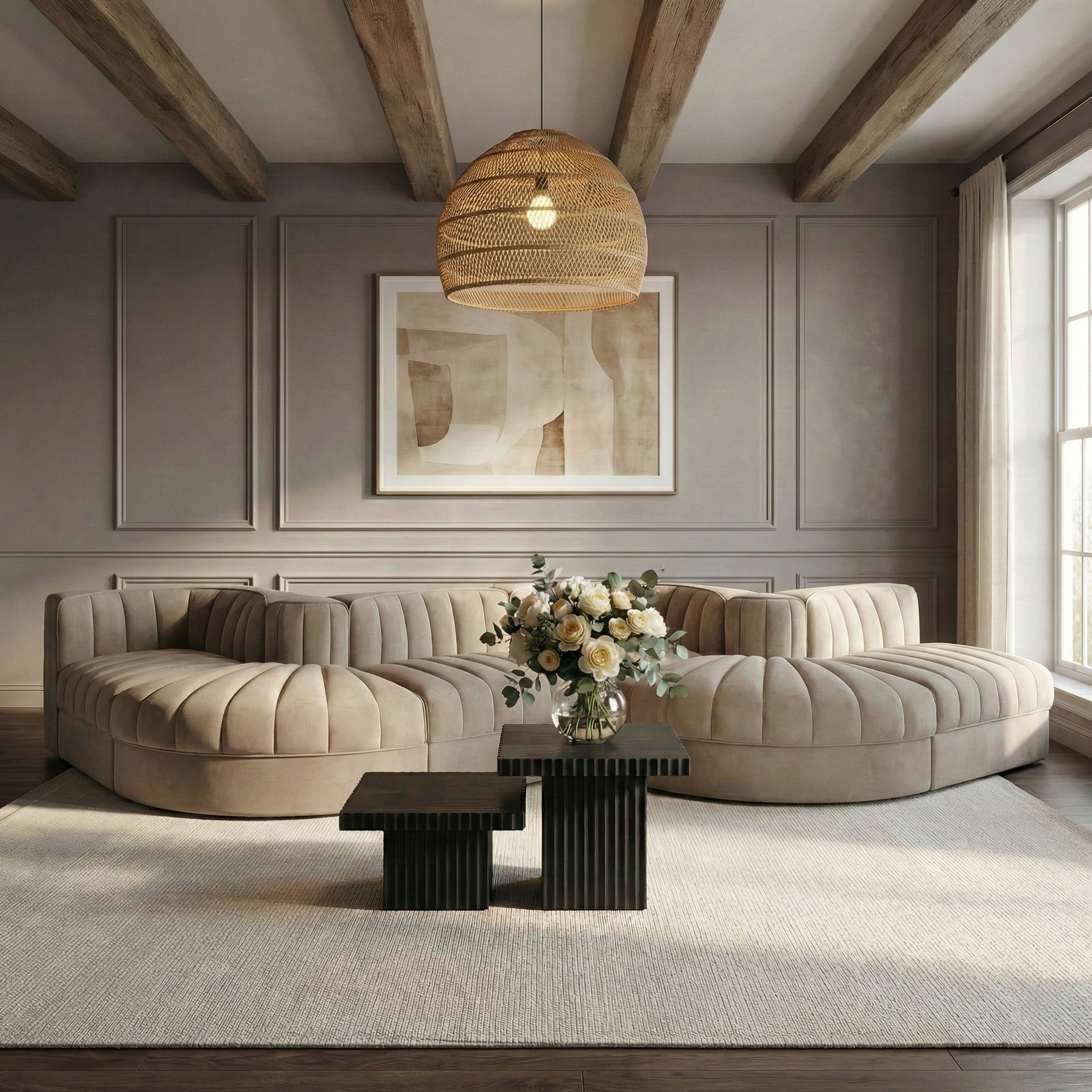 Rummi - Rounded Velvet Performance Fabric Upholstered 6 Piece Modular Sectional - Beige