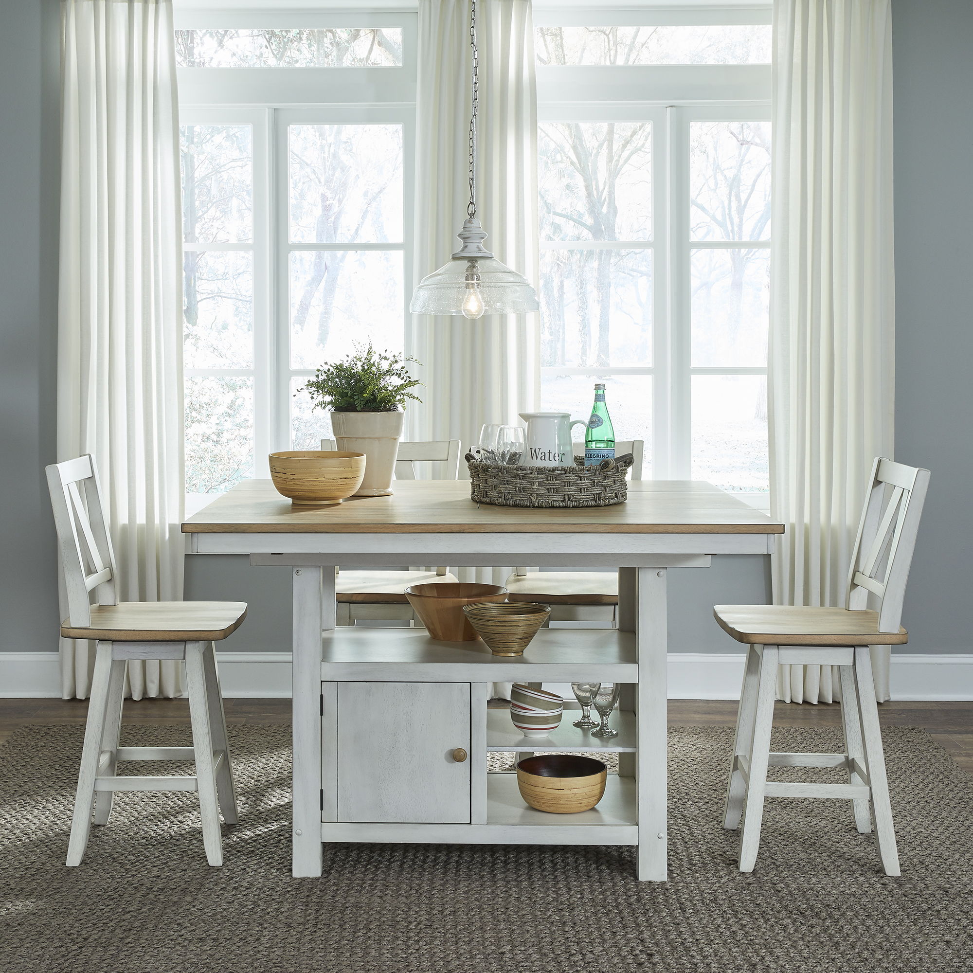 Liberty Furniture Lindsey Farm - 5 Piece Gathering Table Set - Weathered White