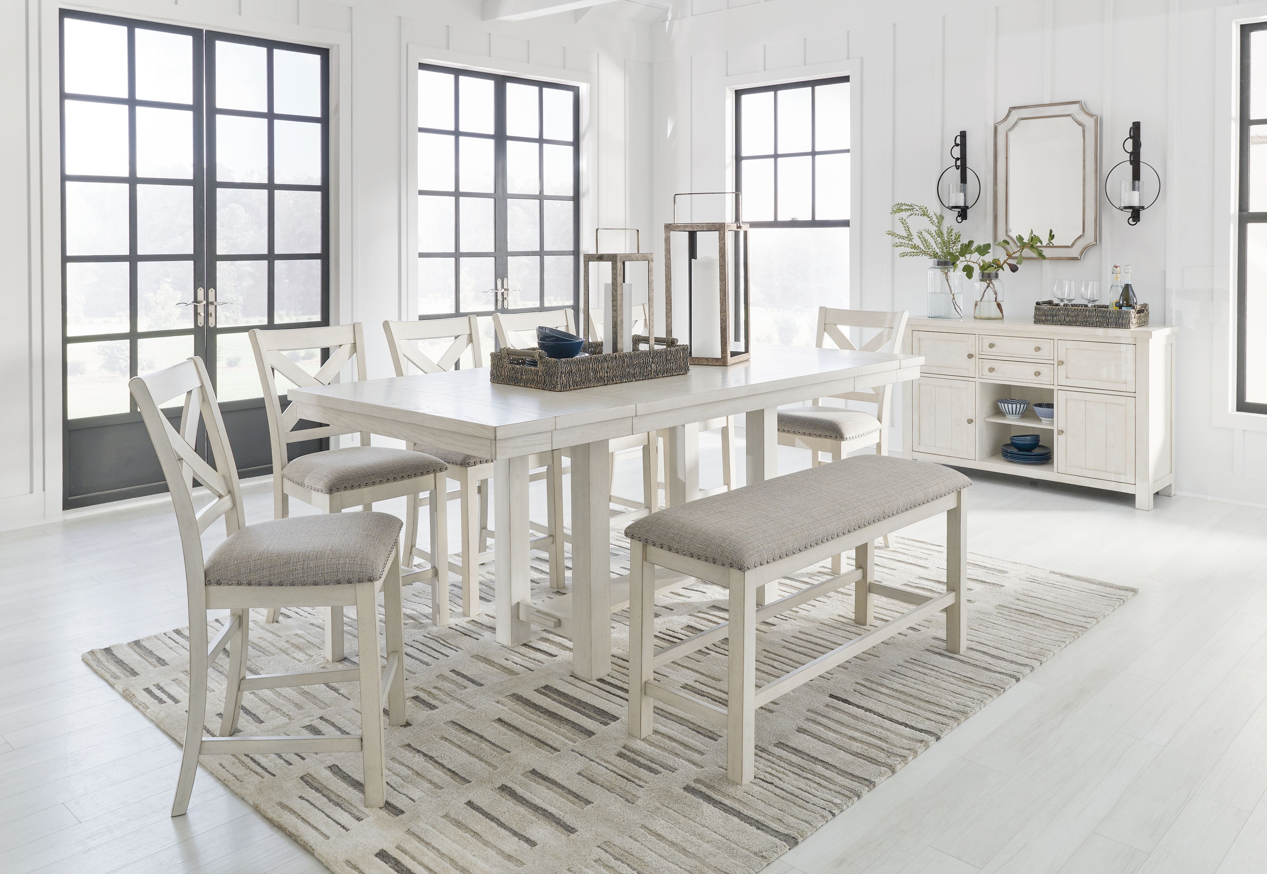 9 Pc · Rectangular Counter Height Dining Extension Table, 6 Barstools, Bench, Server