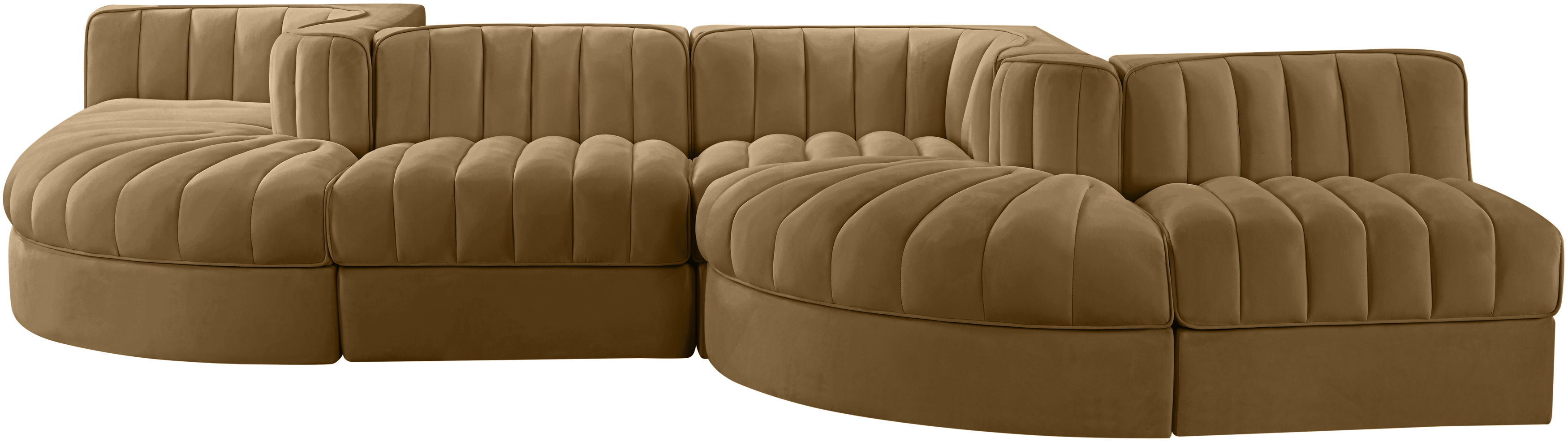 Rummi - Rounded Velvet Performance Fabric Upholstered 6 Piece Modular Sectional - Saddle