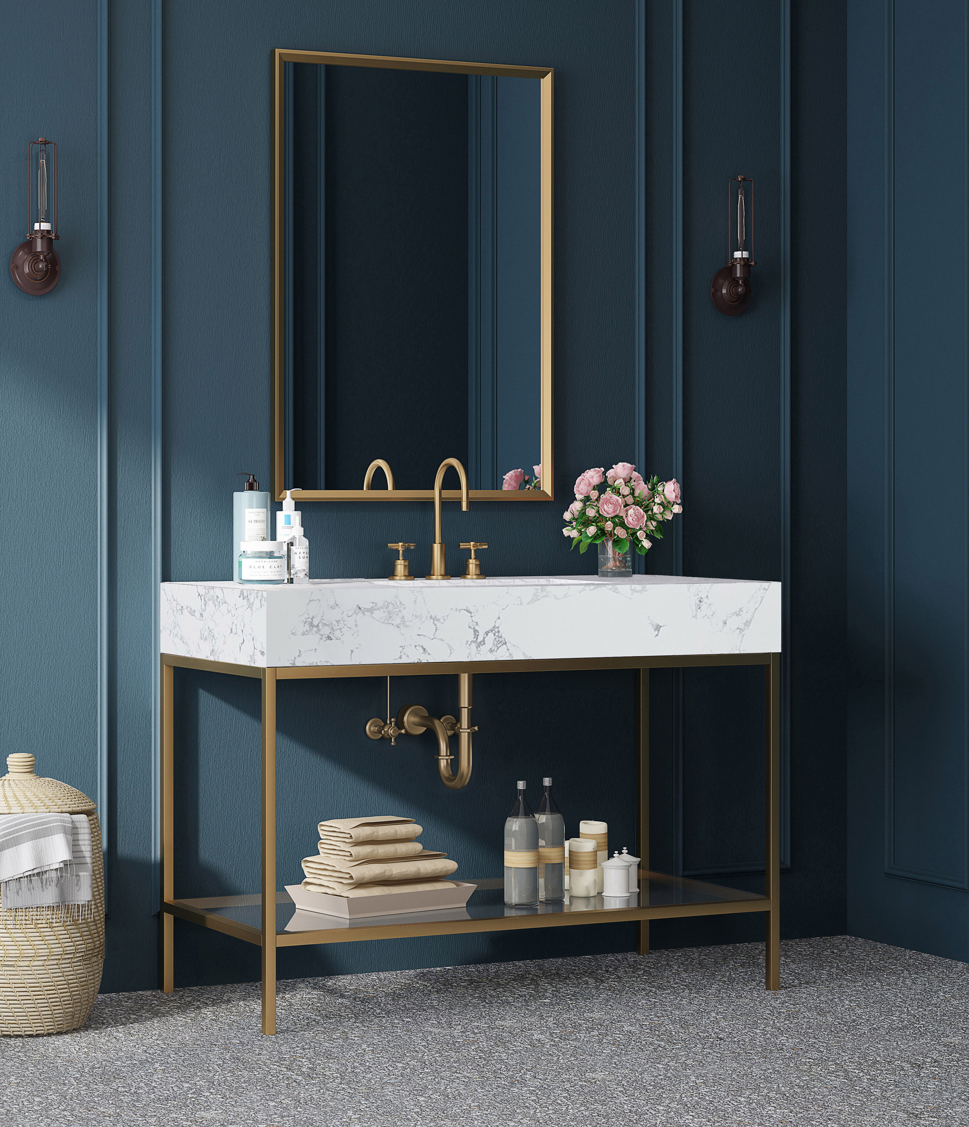 Marmo - 48" Engineered Marble Bathroom Vanity With Gold Base - White