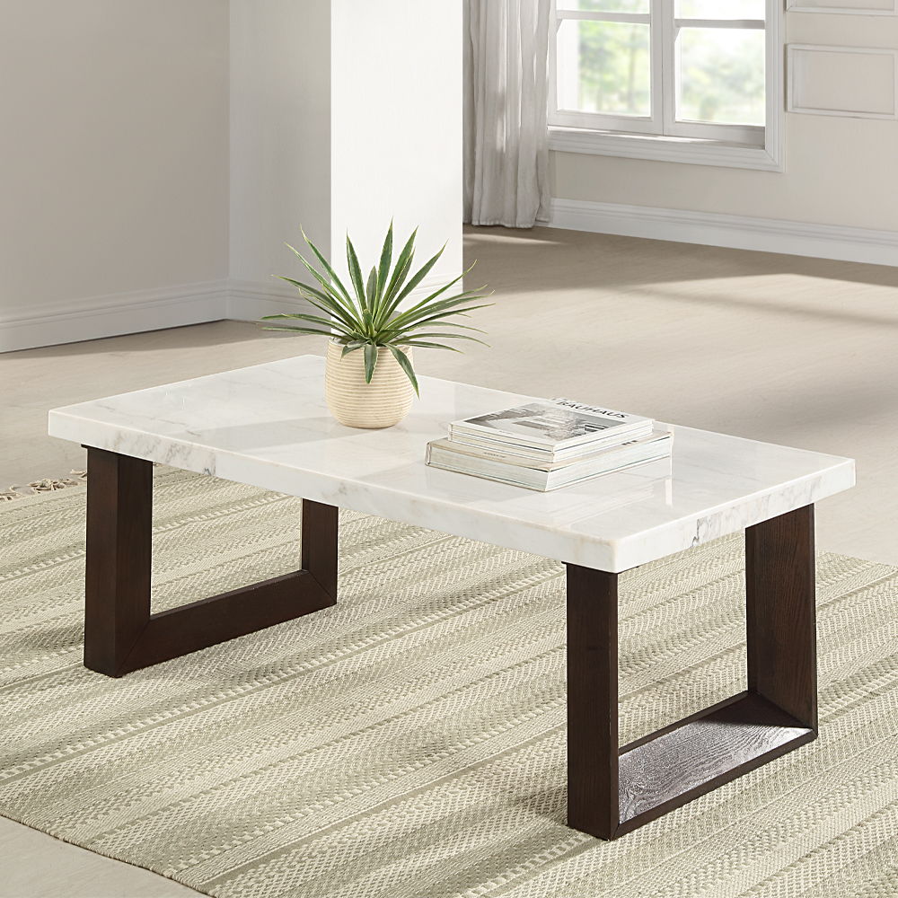 Edwyn - Coffee Table With Marble Top - White Natural Marble Top & Brown, white, view 7