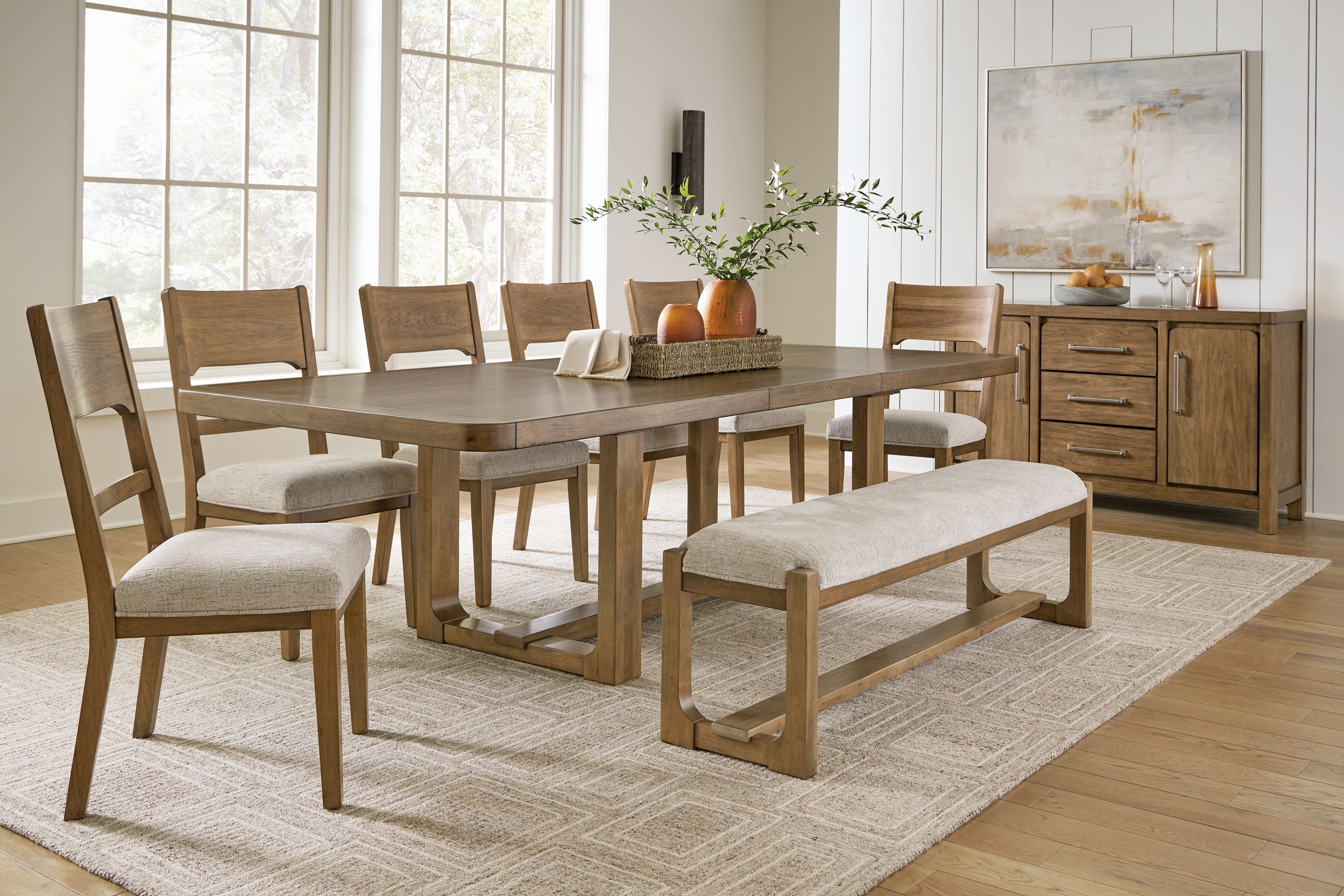 9 Pc · Dining Room Table, 6 Side Chairs, Bench, Server