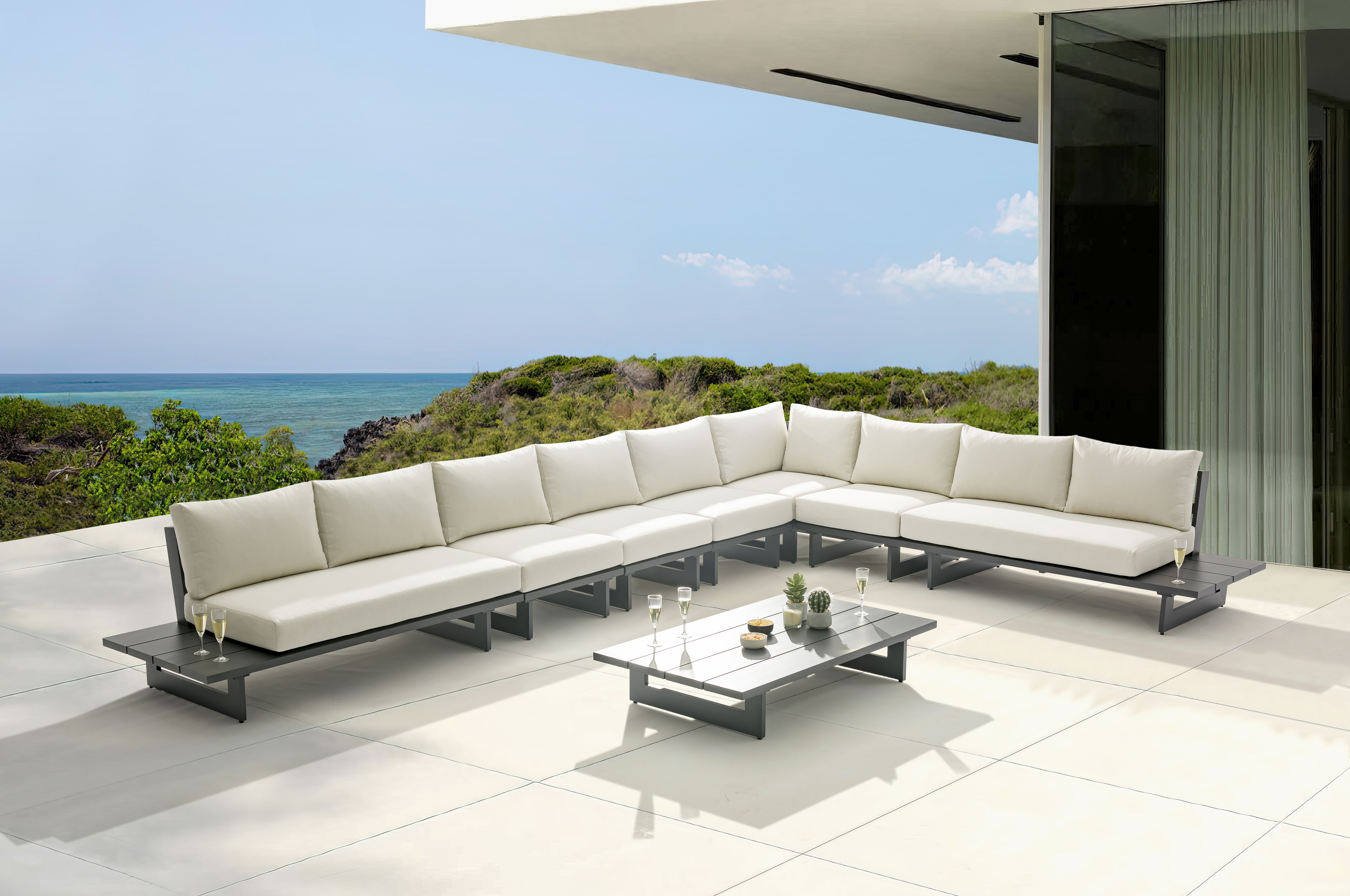 Maldives - 7 Piece Water Resistant Outdoor Patio Modular Sectional With Gray Base - Cream