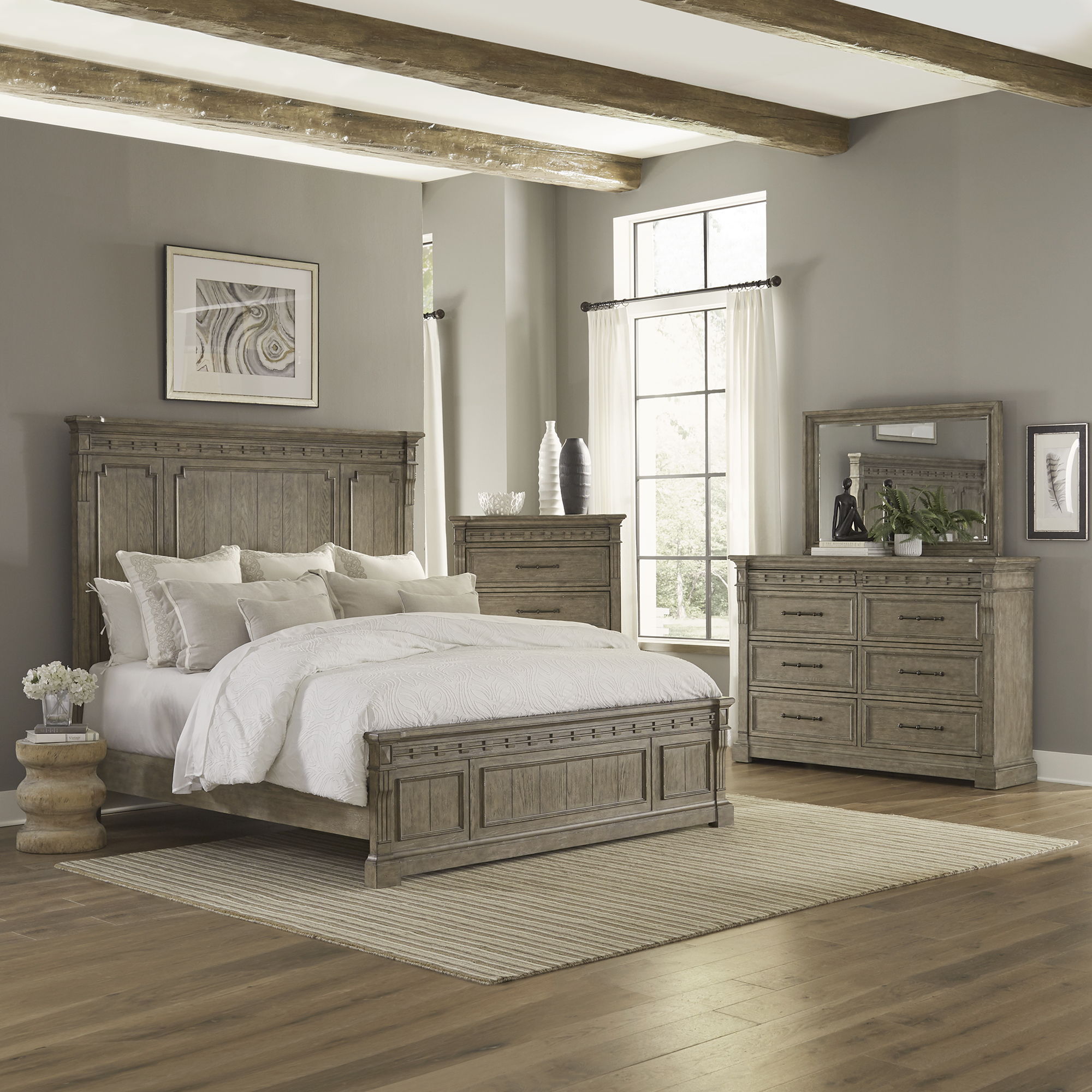 Liberty Furniture Town & Country - 4 Piece Bedroom Set (Queen Panel Bed, Dresser & Mirror, Chest) - Medium Brown