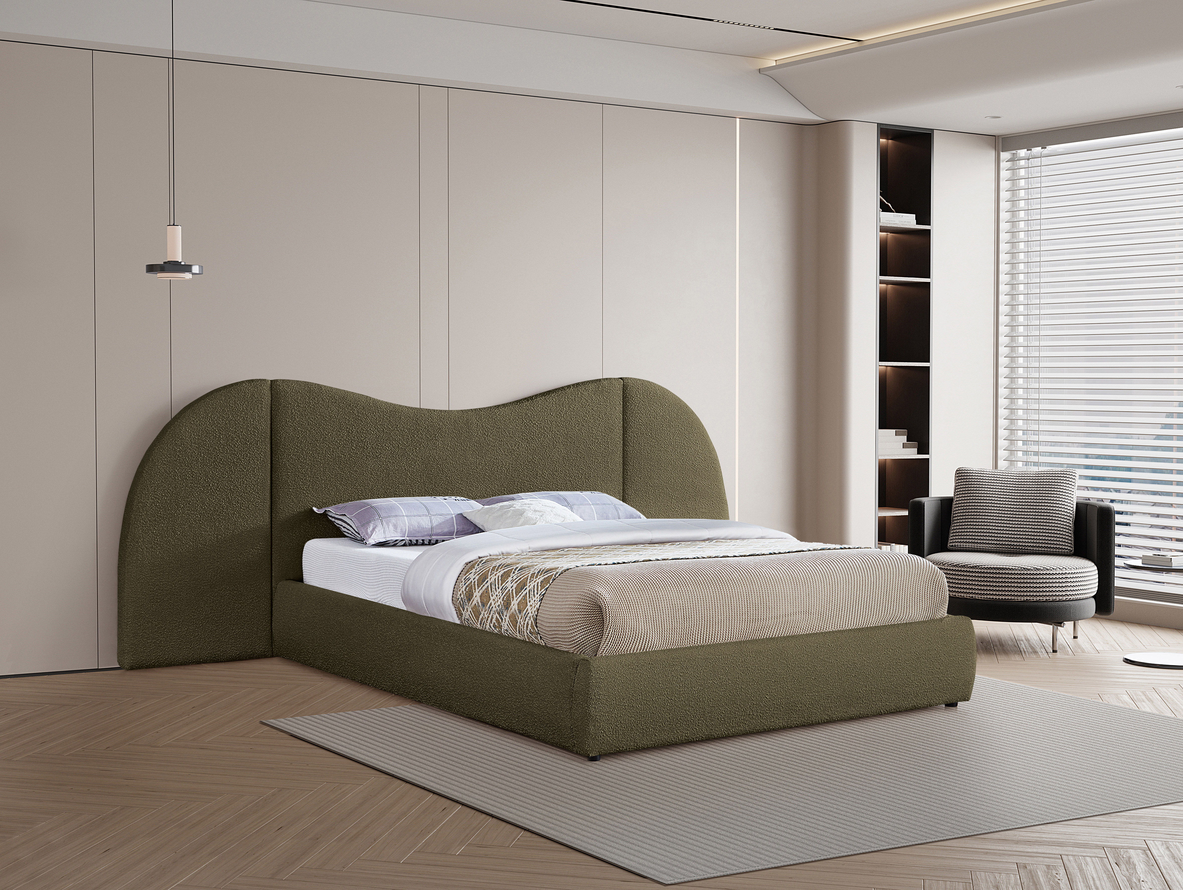 Everest - Boucle Fabric Queen Bed - Olive Green