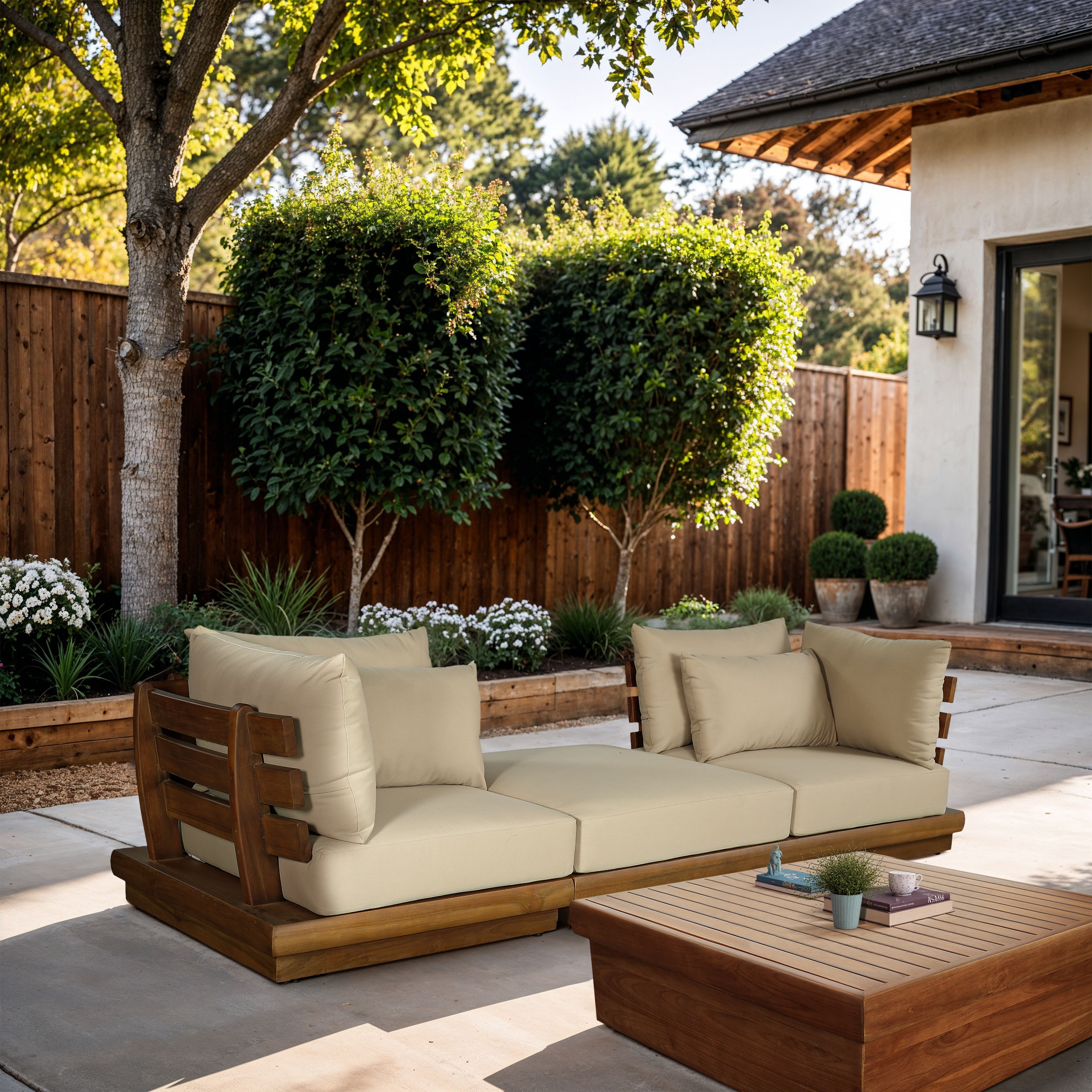 Mirella - 3 Piece Water Resistant Fabric 113" Upholstered Outdoor Patio Modular Sofa - Tan