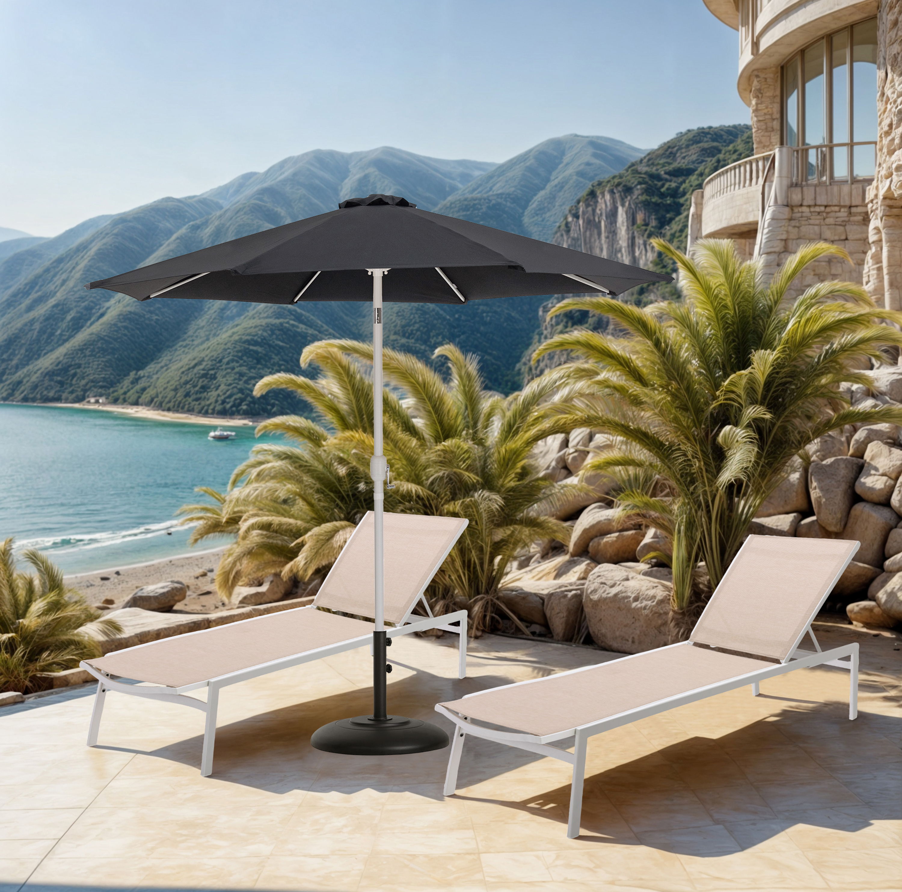 Fiji - Aluminum Patio Umbrella With Round Black And White Base - Black