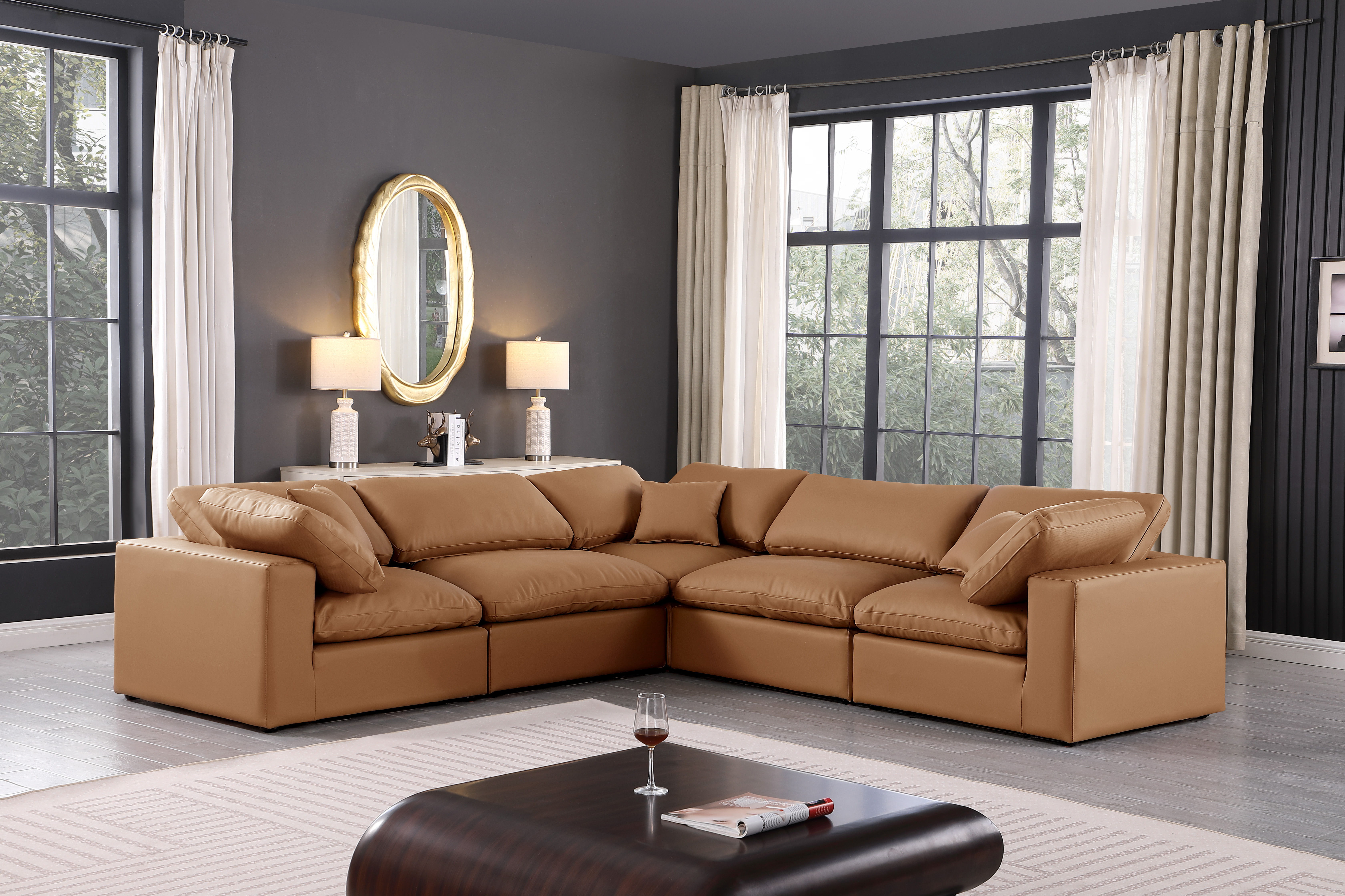 Comfy - 5 Piece Faux Leather Modular Corner Sectional - Cognac