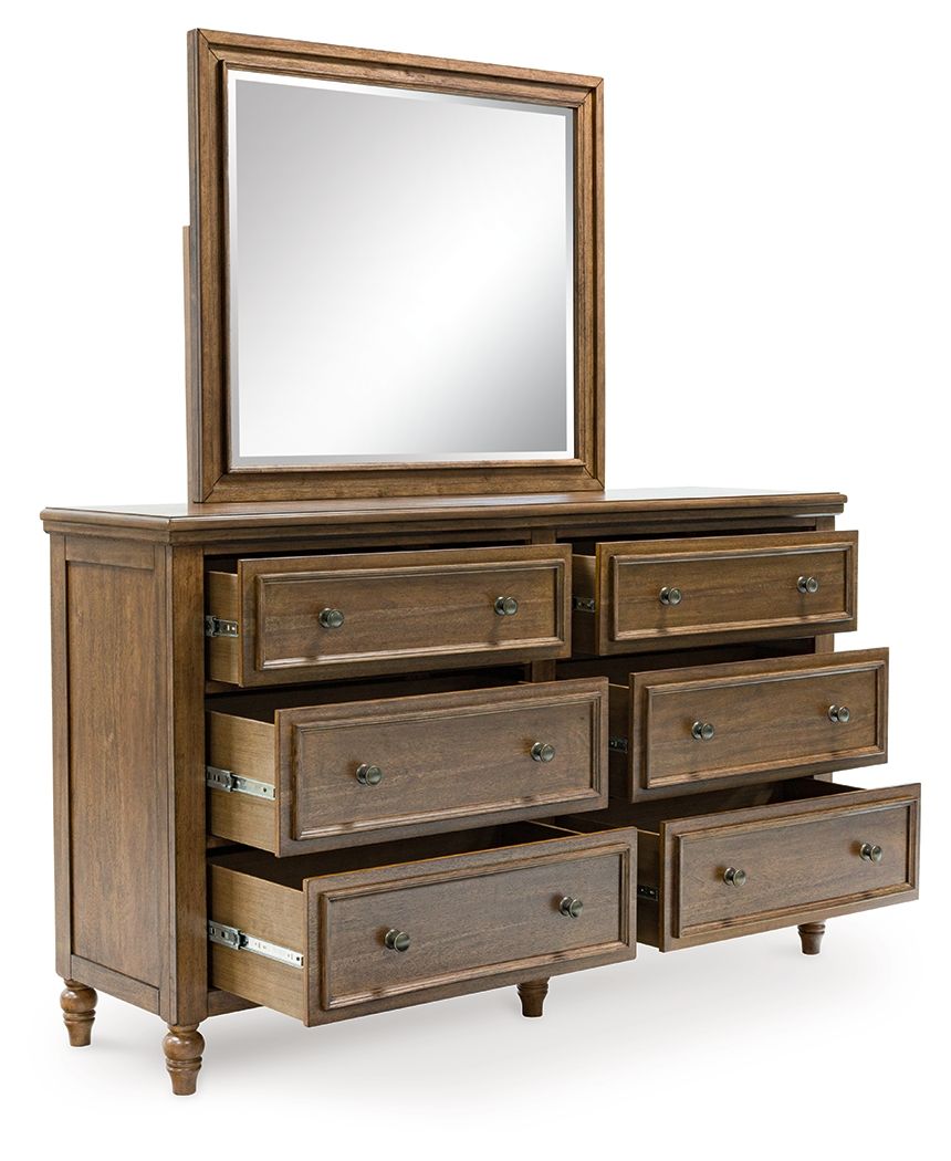 Ashley Furniture Sturlayne - 5 Pc. - Dresser, Mirror, Queen Upholstered Panel Bed - Brown - Image 3