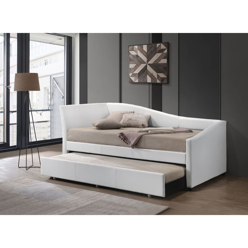 Jedda - Twin Daybed With Trundle - White Synthetic Leather, white