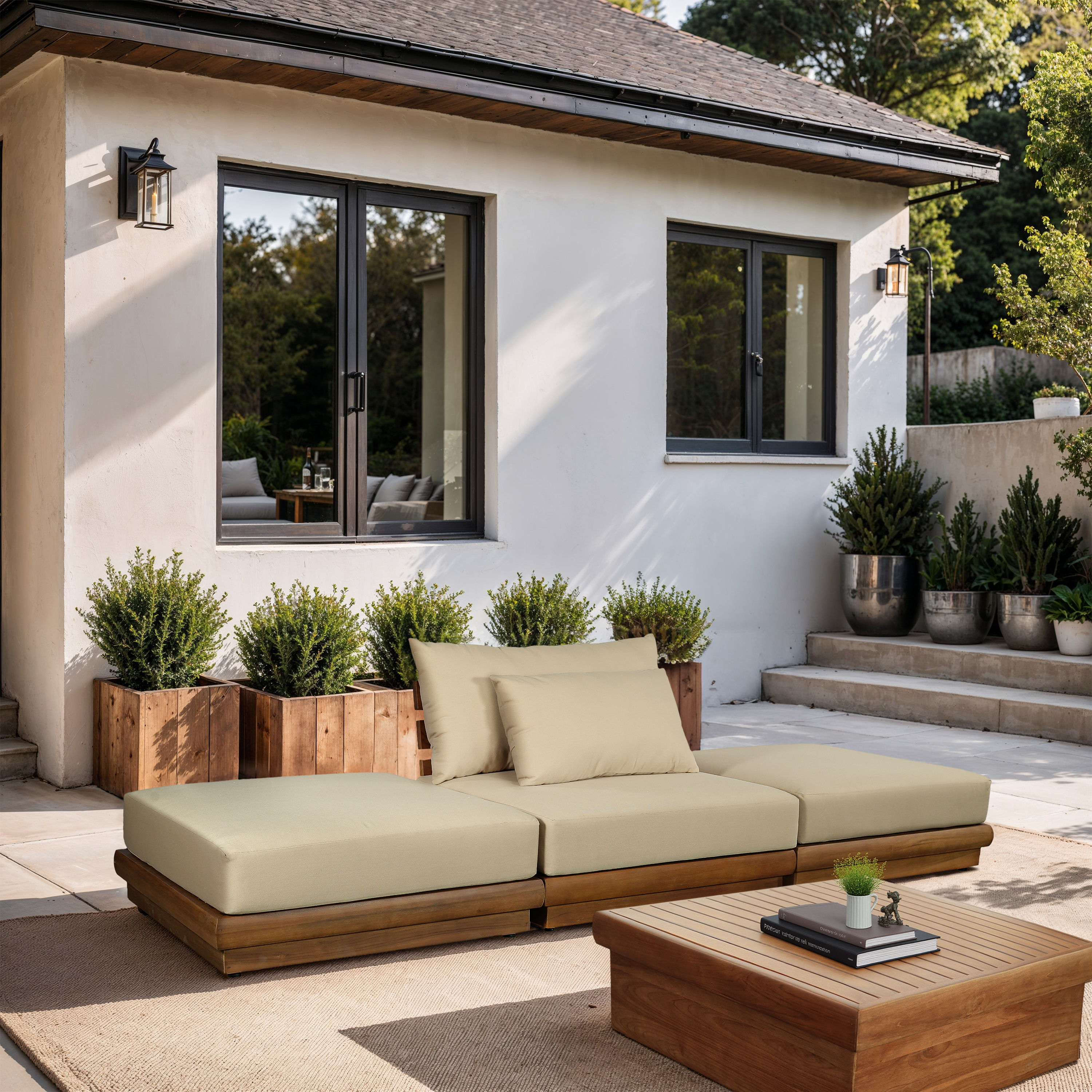 Mirella - 3 Piece Water Resistant Fabric 111" Upholstered Outdoor Patio Modular Sofa - Tan