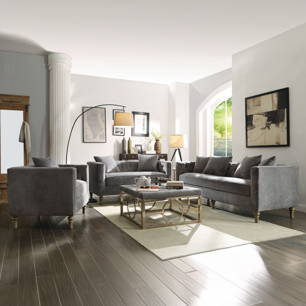 Sidonia - Loveseat With 2 Pillows - Gray Velvet, dark gray