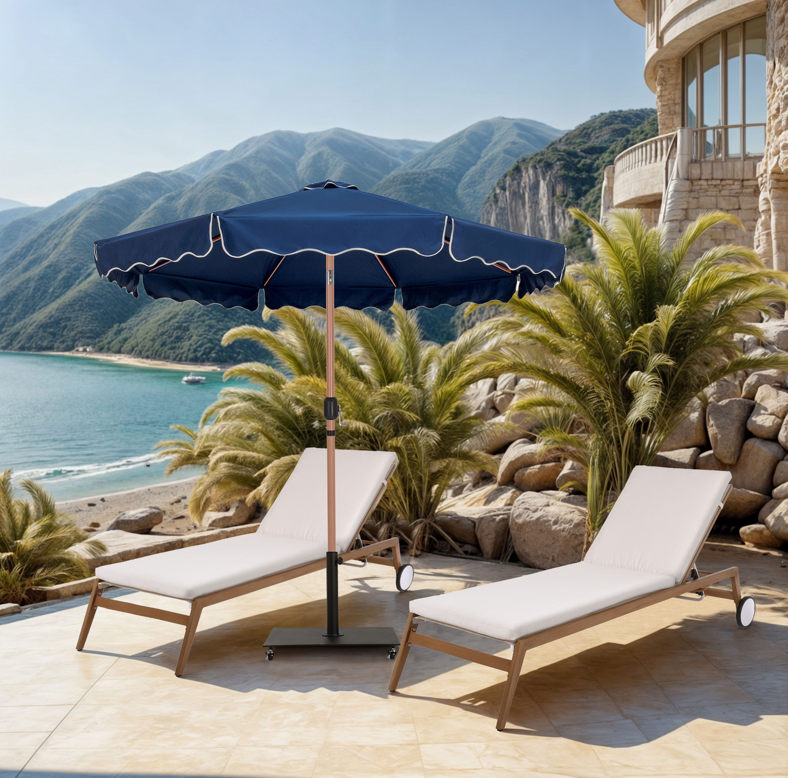Amalfi - Fabric With Cream Piping Aluminum Patio Umbrella With Black Base / Teak Pole - Navy