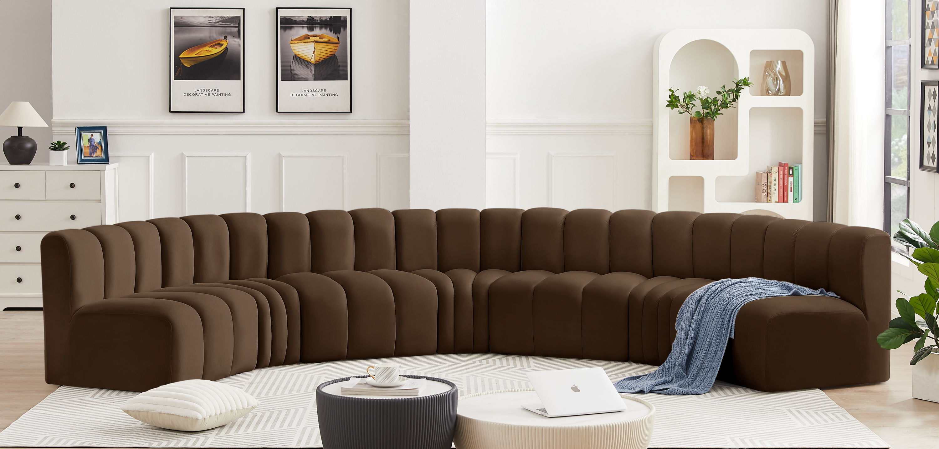 Arc - Velvet 7 Piece U-Shaped Modular Sofa - Brown