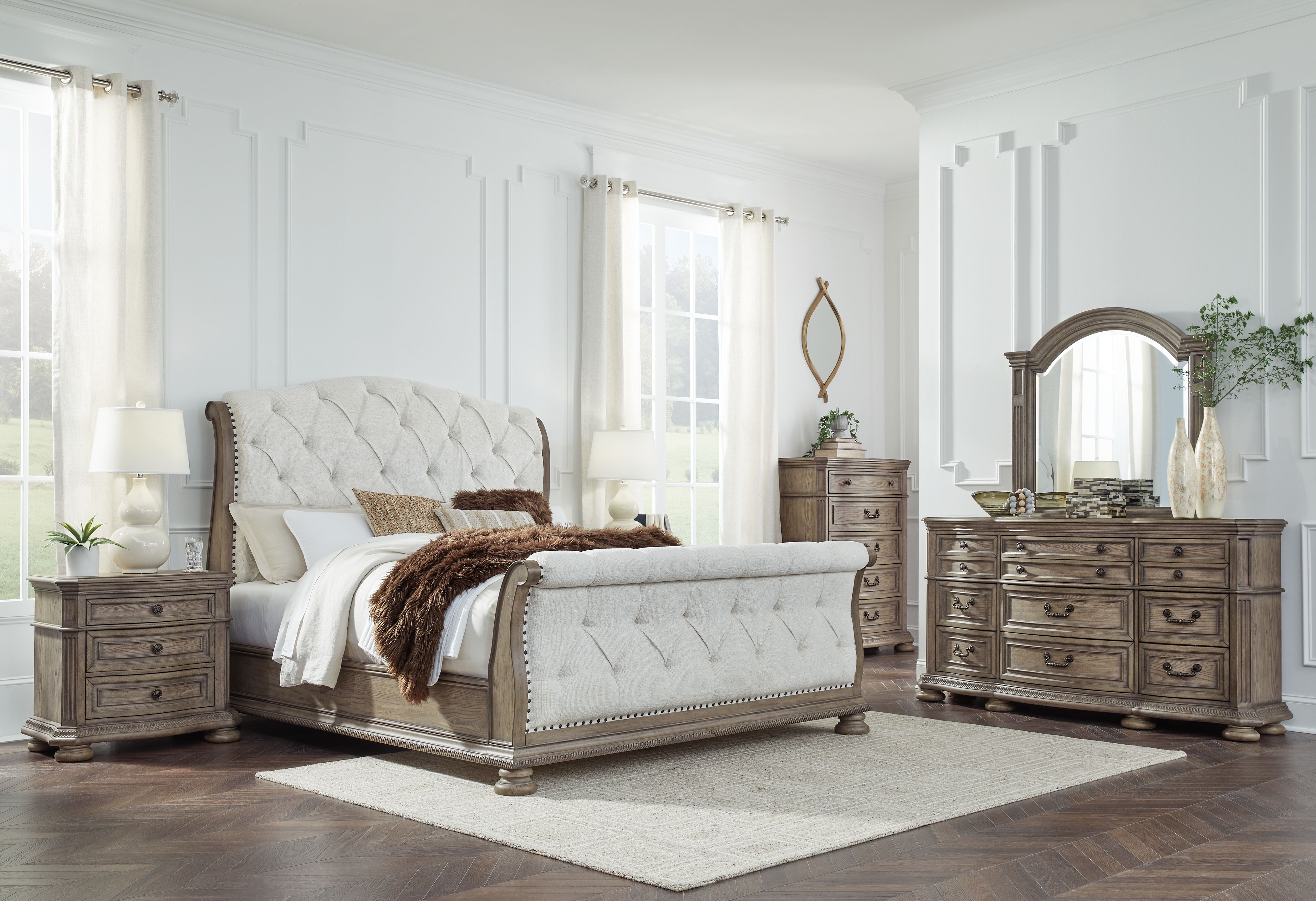 Ardenfield - 6 Pc. - Dresser, Mirror, Chest, King Upholstered Sleigh Bed - Light Brown