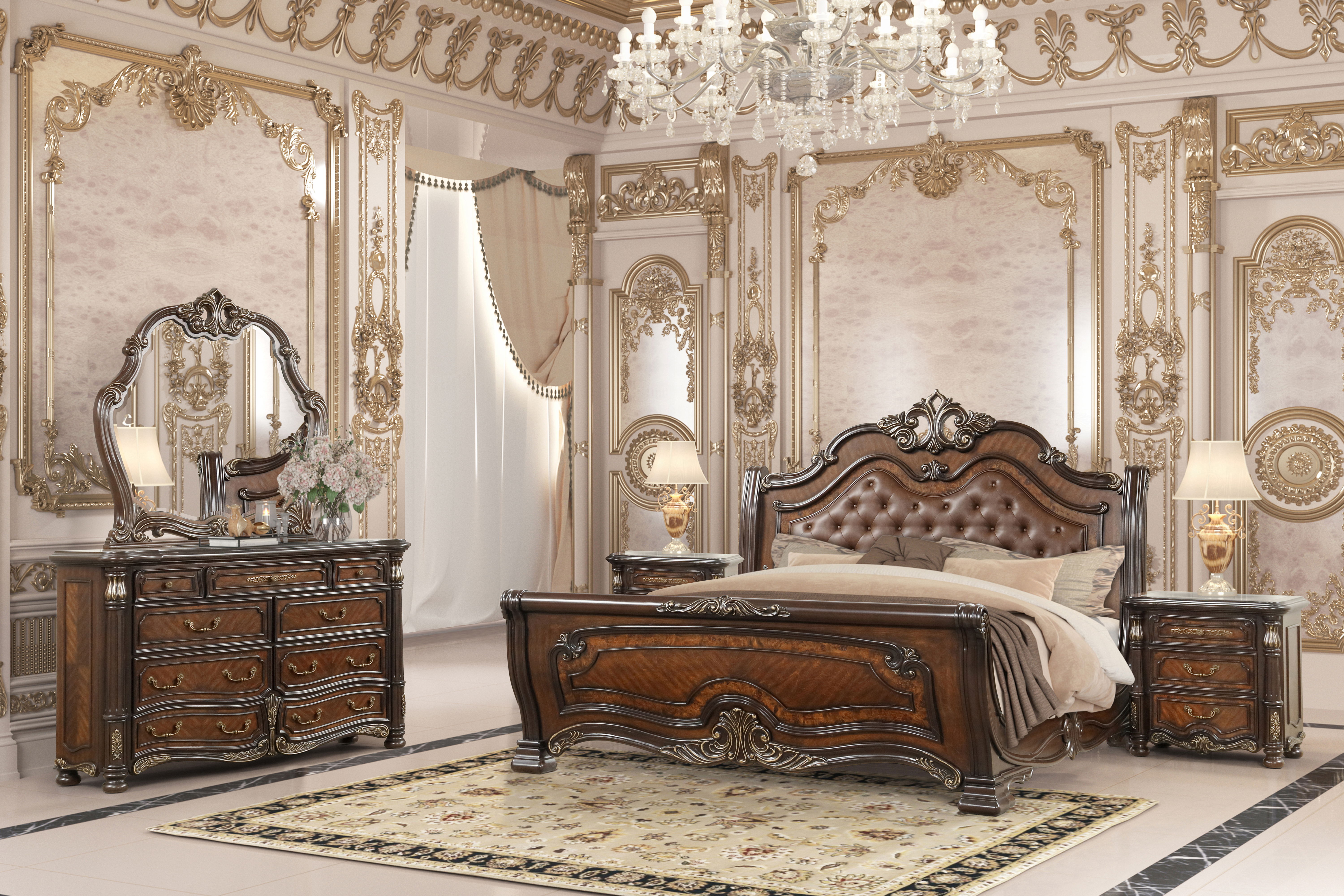 Bella Notte - 6/0 Western King 5 Piece Set (Padded Sleigh Bed, Dresser, Mirror, 2 Nightstands) - Cherry