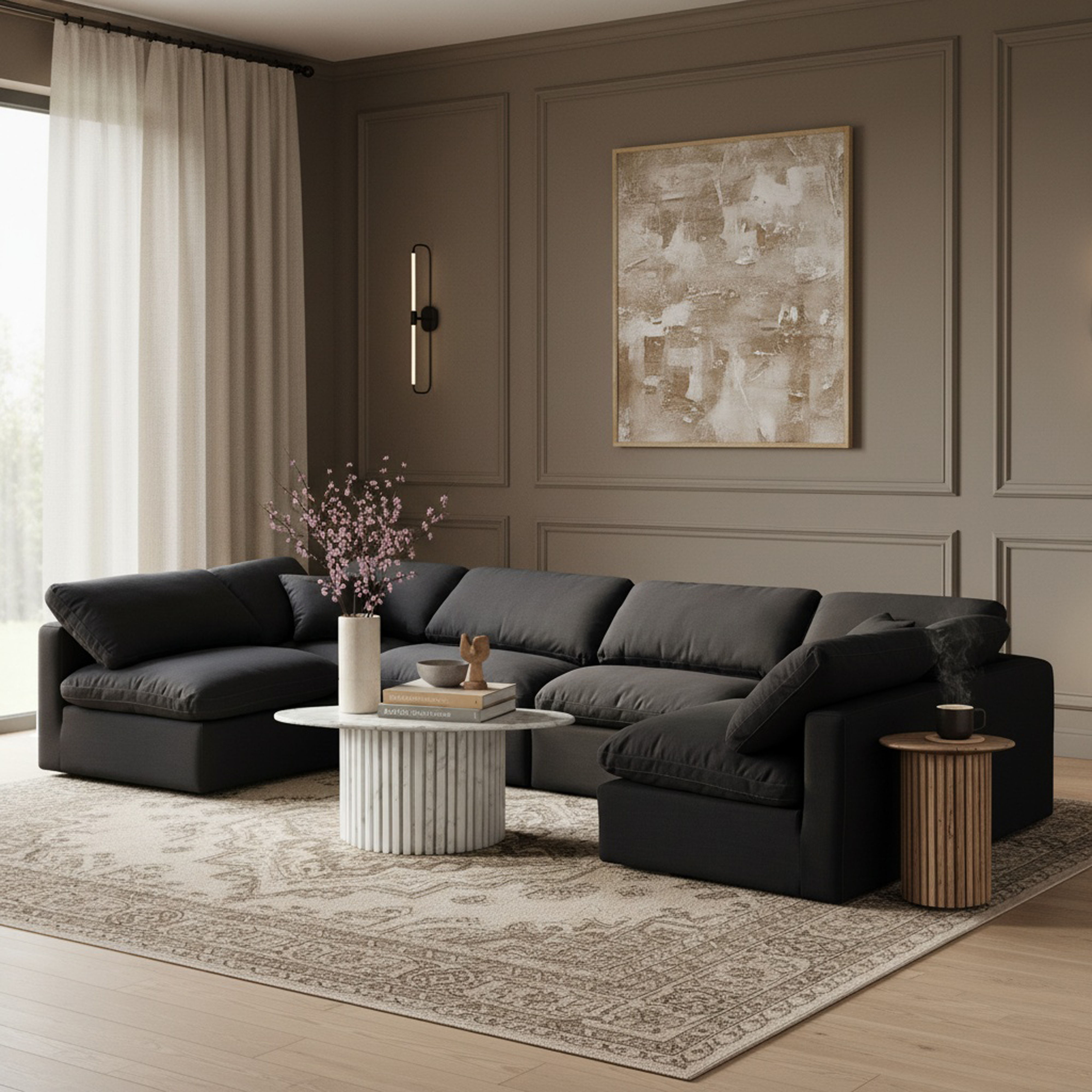 Indulge - Linen 6 Piece Modular U-Shaped Sectional - Black