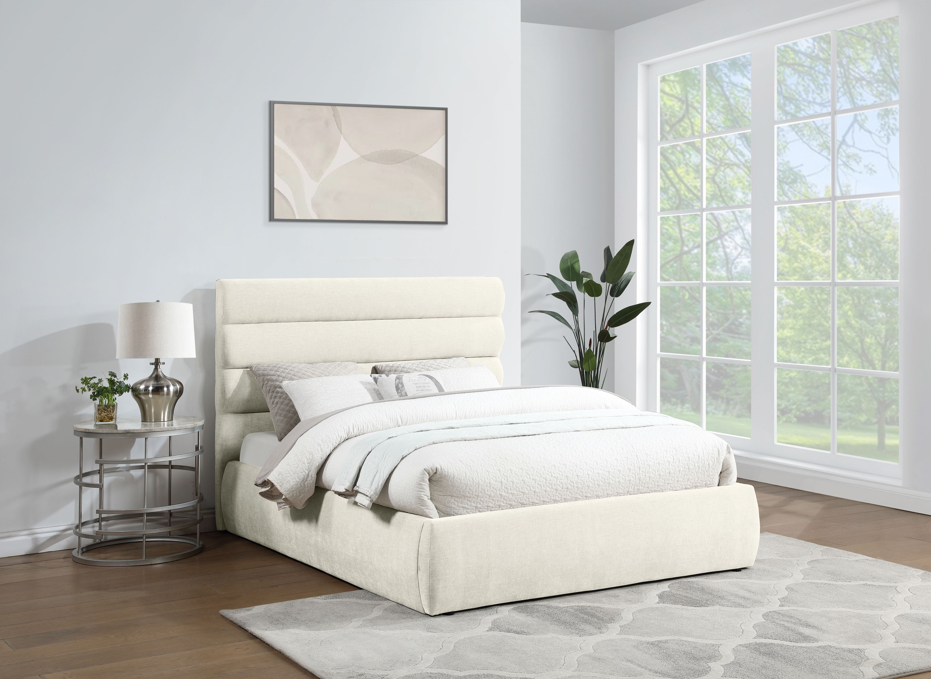 Adam - Chenille Fabric Queen Bed With 52" Headboard - Cream