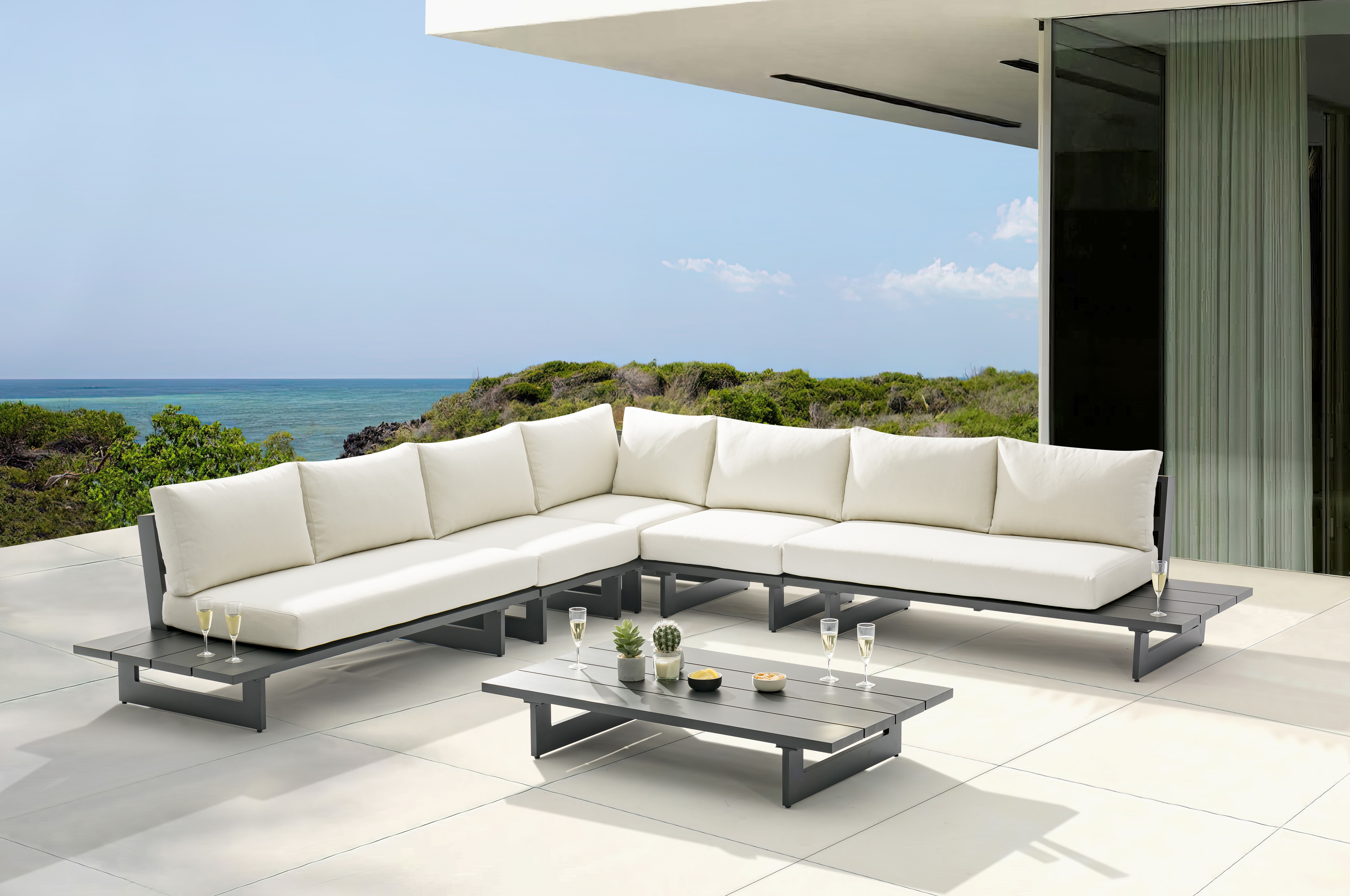 Maldives - 5 Piece Water Resistant Outdoor Patio Modular Corner Sectional With Gray Base - Cream