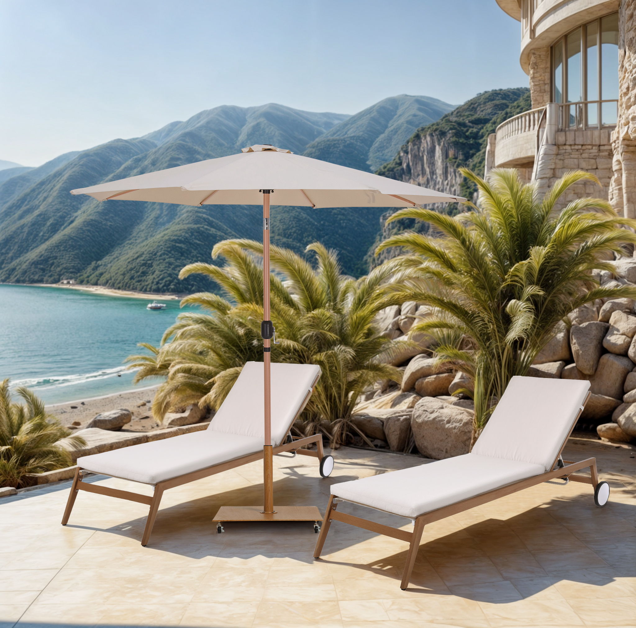 Fiji - Aluminum Patio Umbrella With Square Teak Base - Beige