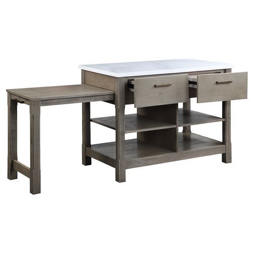 Feivel - Kitchen Island With Pull Out Table - Marble Top & Rustic Oak, dark gray, view 4
