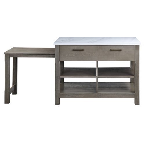 Feivel - Kitchen Island With Pull Out Table - Marble Top & Rustic Oak, dark gray, view 6
