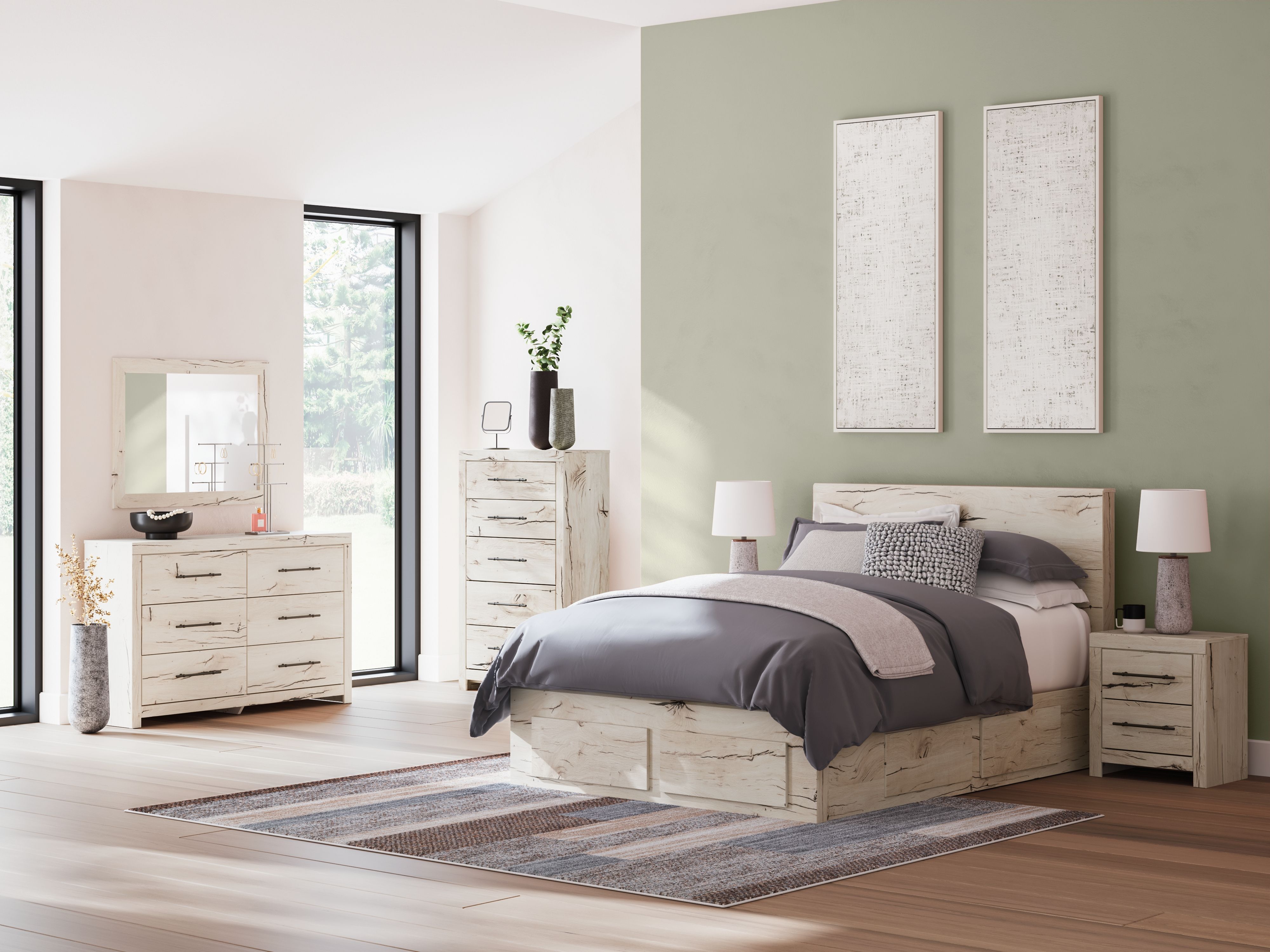 Ashley Lawroy - Light Natural - 8 Pc. - Dresser, Mirror, Chest, Queen Panel Bed With Storage Footboard And 2 Under Bed Storage Units