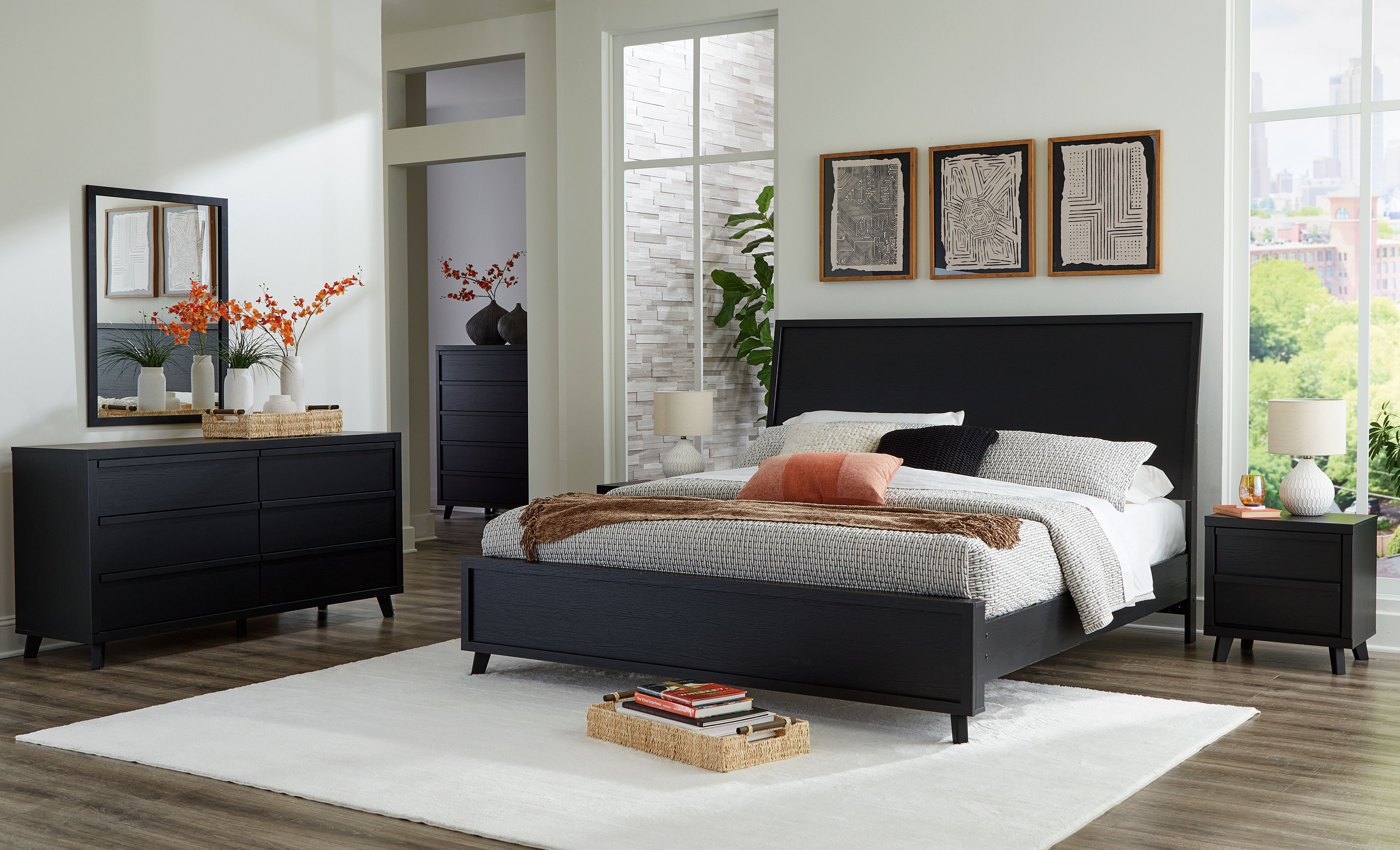 Danziar - 6 Pc. - Dresser, Mirror, King Panel Bed - Black
