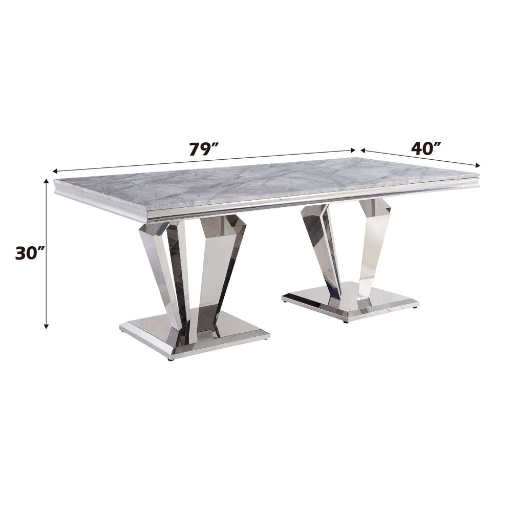 Satinka - Dining Table - Light Gray Printed Faux Marble Top & Mirrored Silver, light gray, view 3