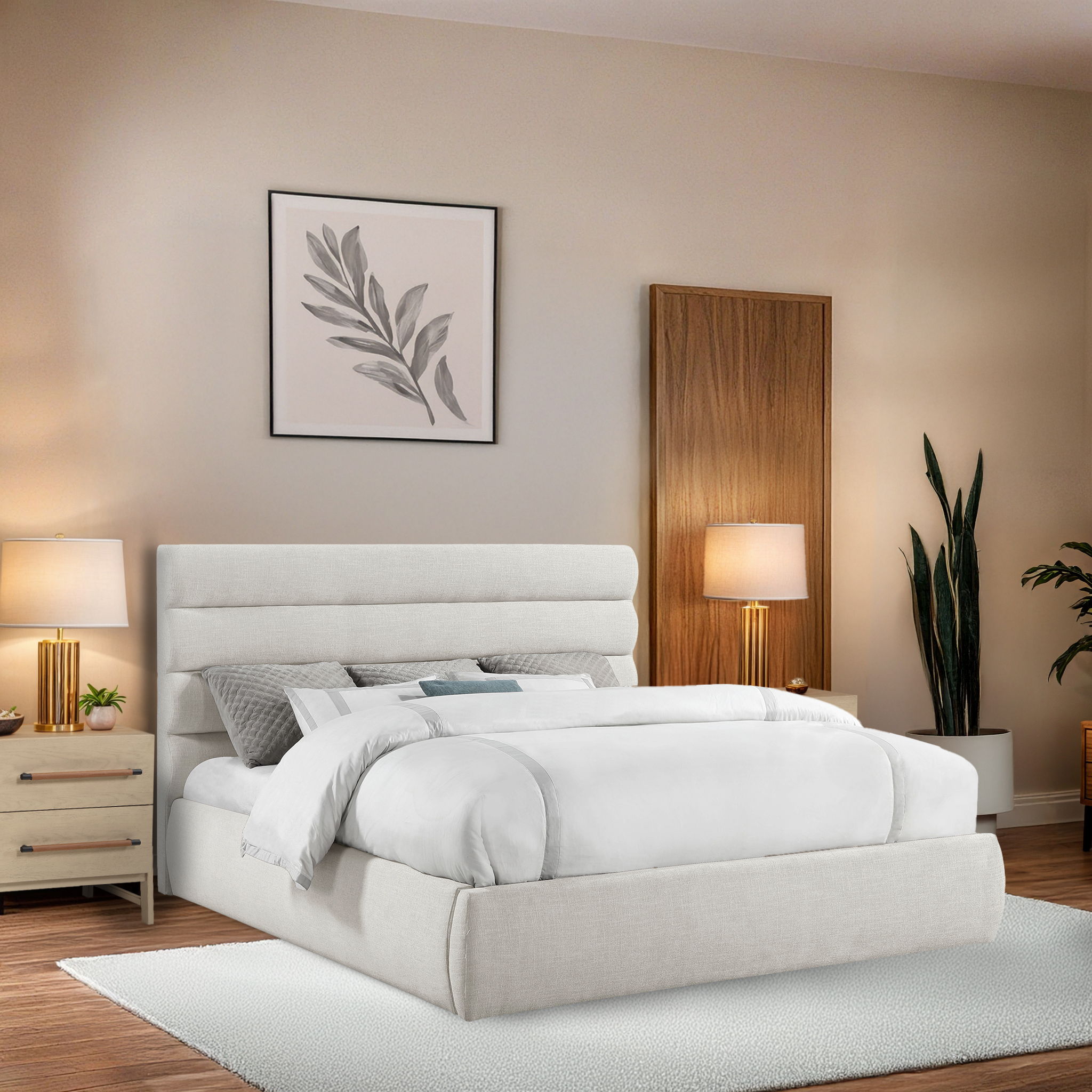 Adam - Linen Fabric King Bed With 52" Headboard - Cream