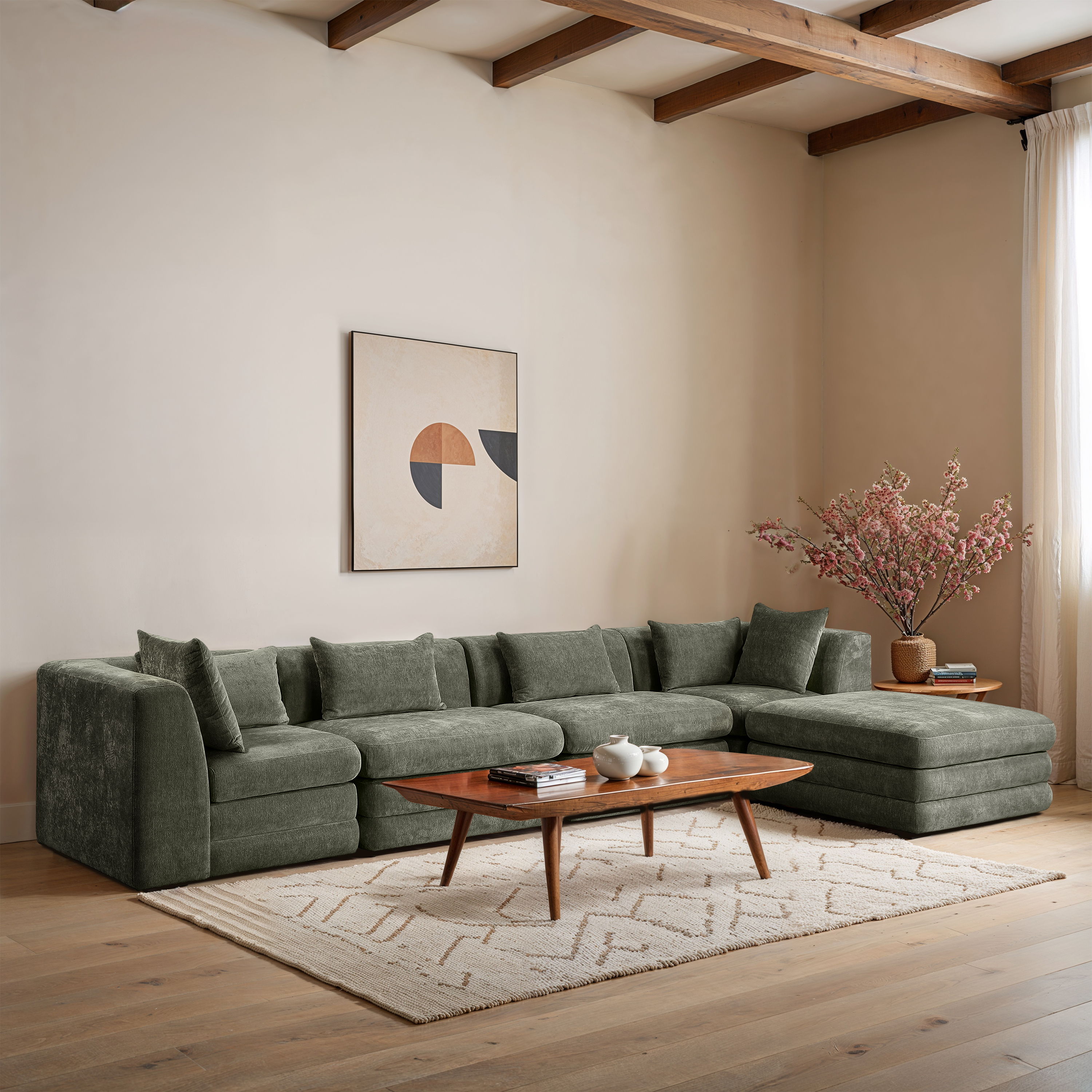 Stellar - 5 Piece Chenille Fabric 152" Upholstered Modular Sectional - Green