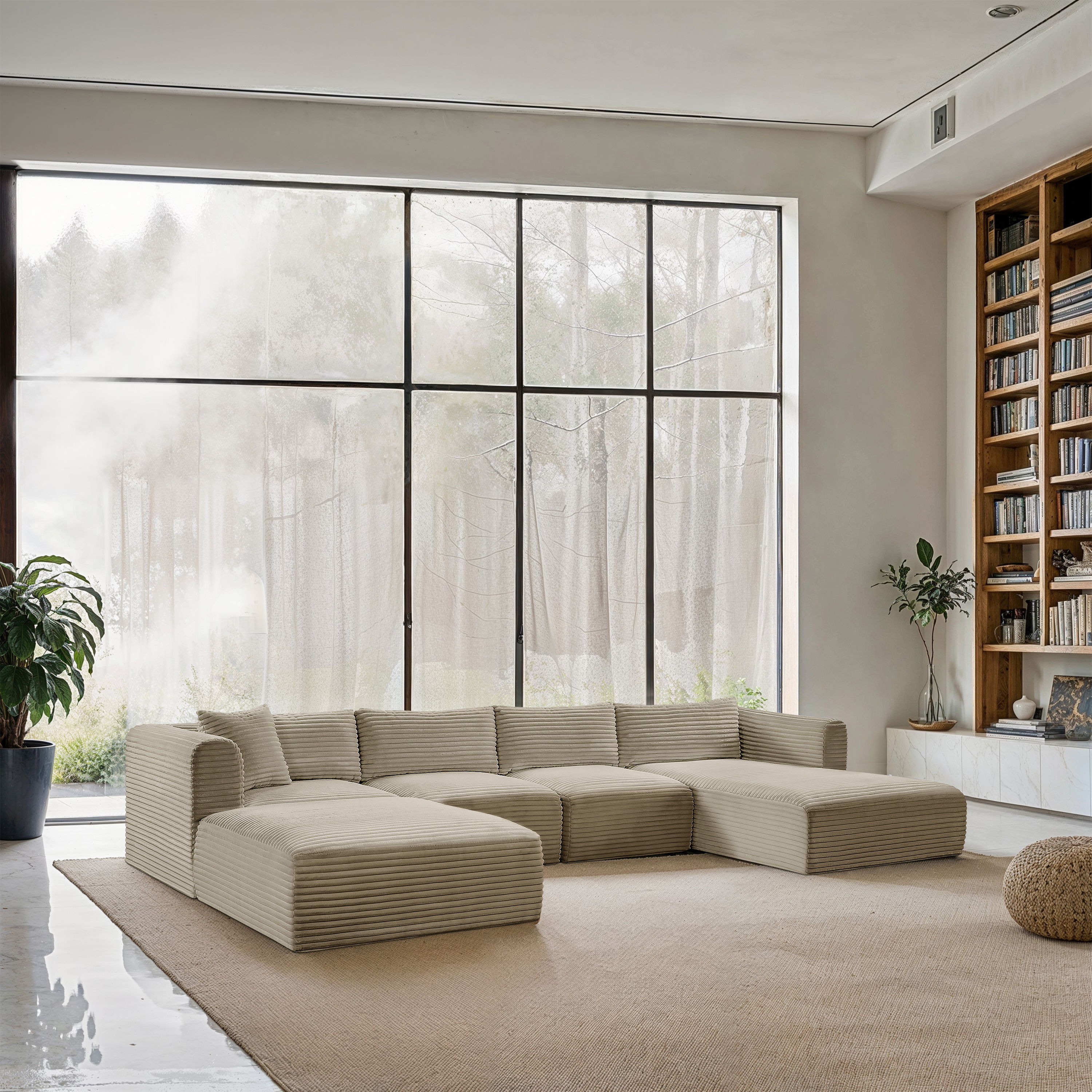 Shaggy - 5 Piece Modular Sectional With Chaise And Ottoman - Cream
