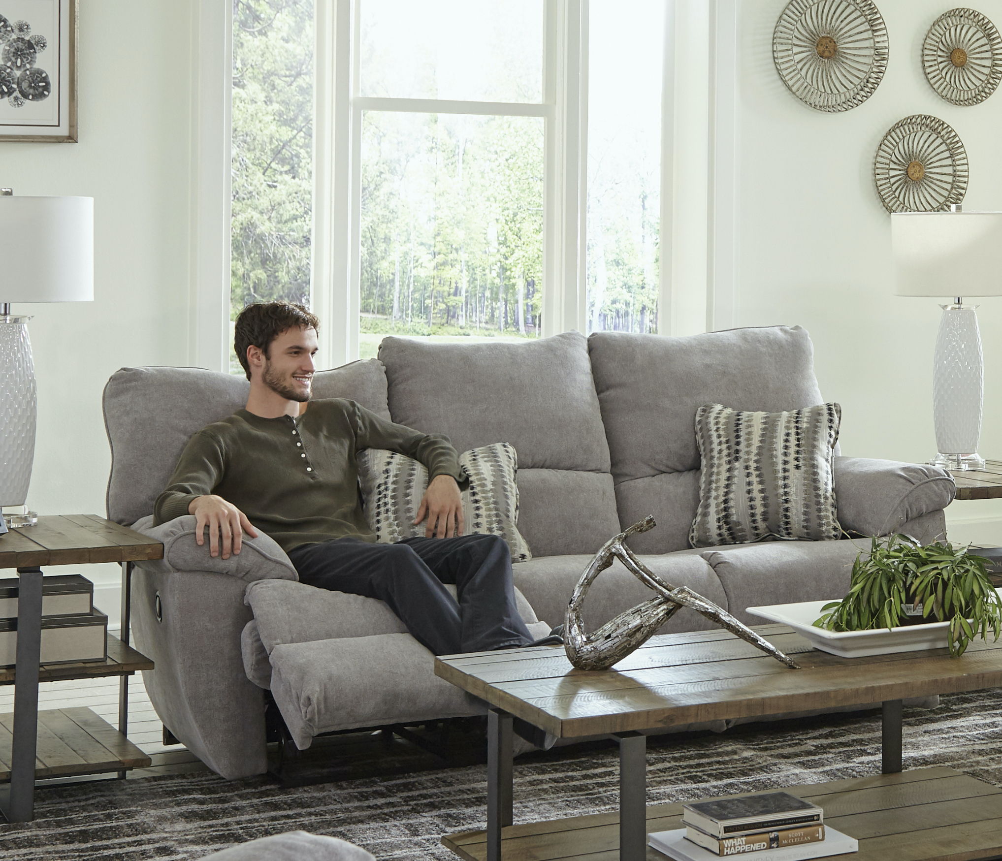 Sadler - Lay Flat Reclining Sofa With Drop Down Table - Mica