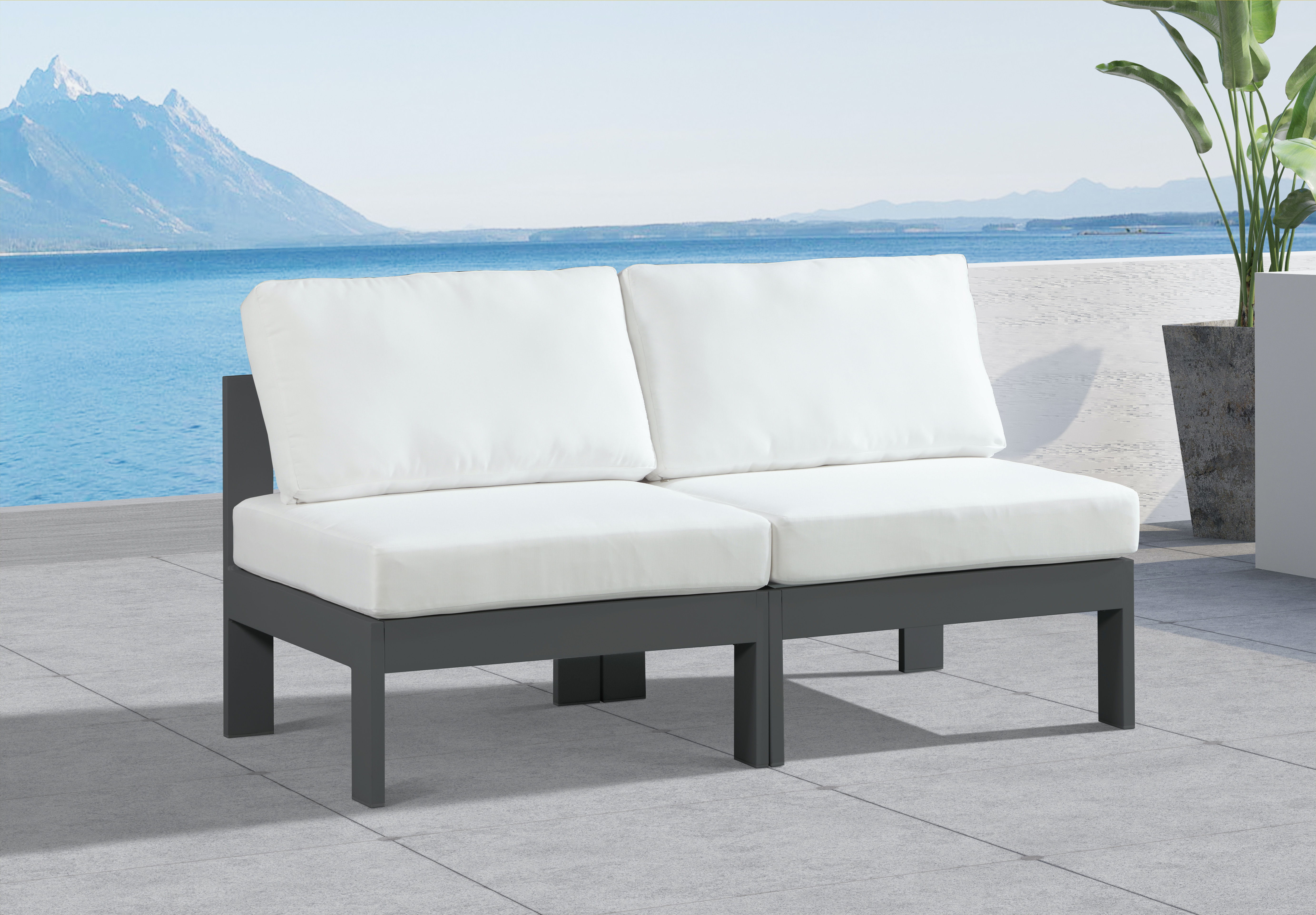 Nizuc - Outdoor Patio 2 Piece Armless Modular Sofa With Gray Frame - White