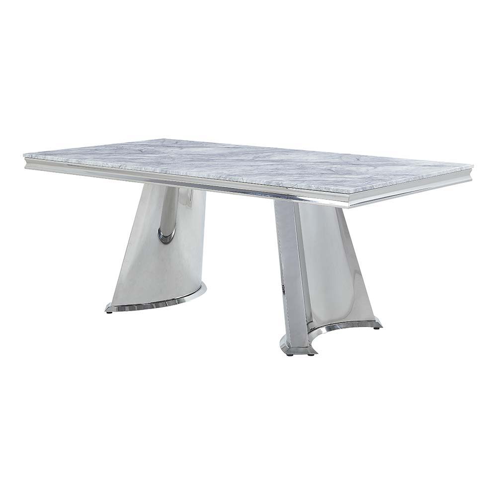 Destry - Dining Table With Engineering Stone Top & Pedestal Base - Engineering Stone Top & Mirrored Silver, silver, view 5