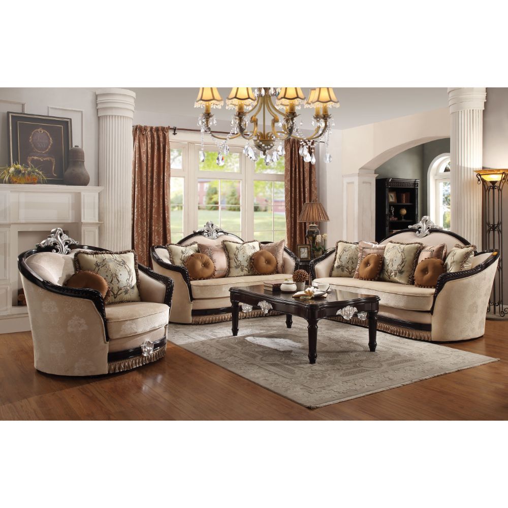 Ernestine - Loveseat With 6 Pillows - Tan Fabric & Black, beige