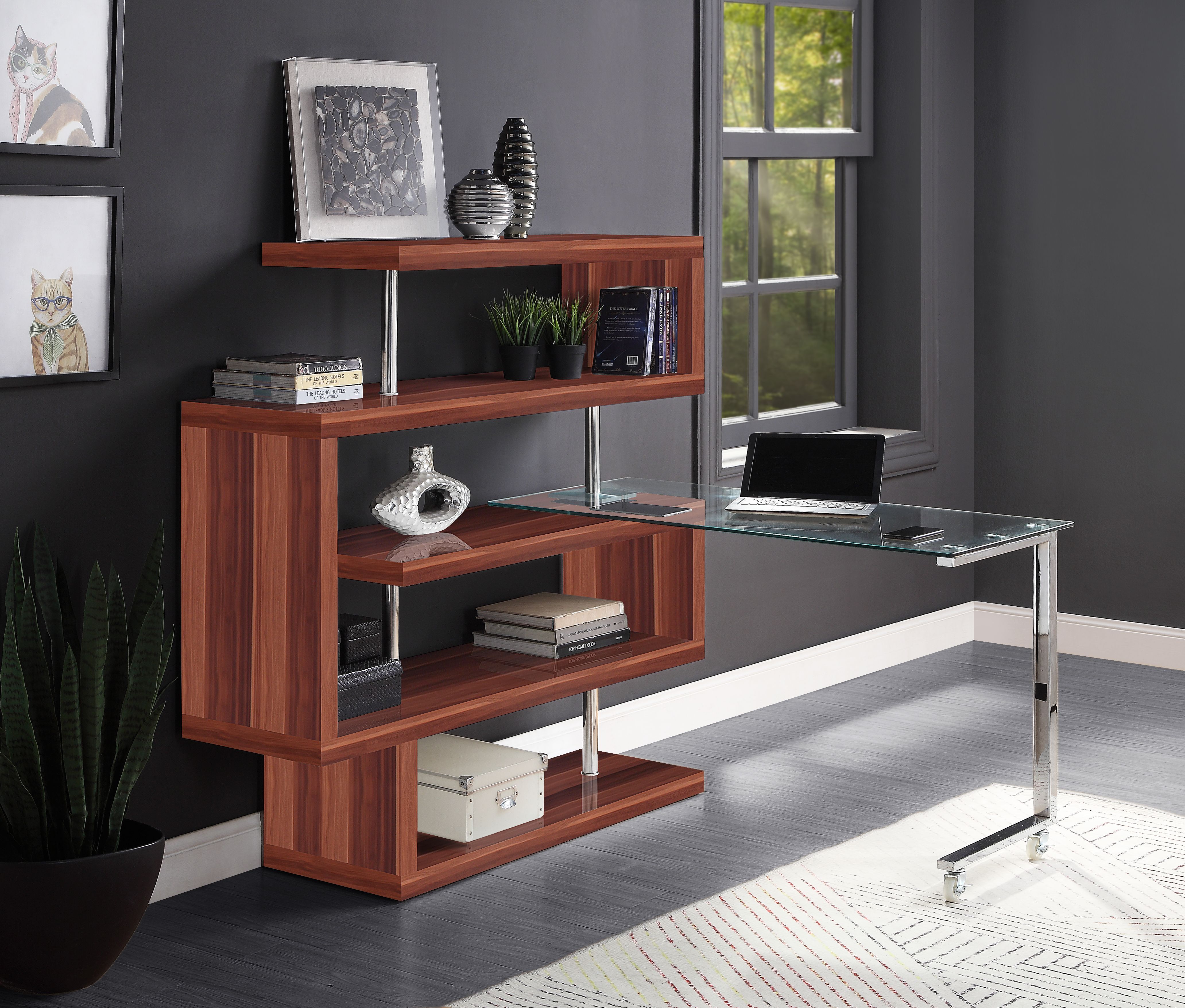 Buck II - Writing Desk With Bookshelf - Clear Glass, Chrome & Walnut High Gloss, dark brown, view 5