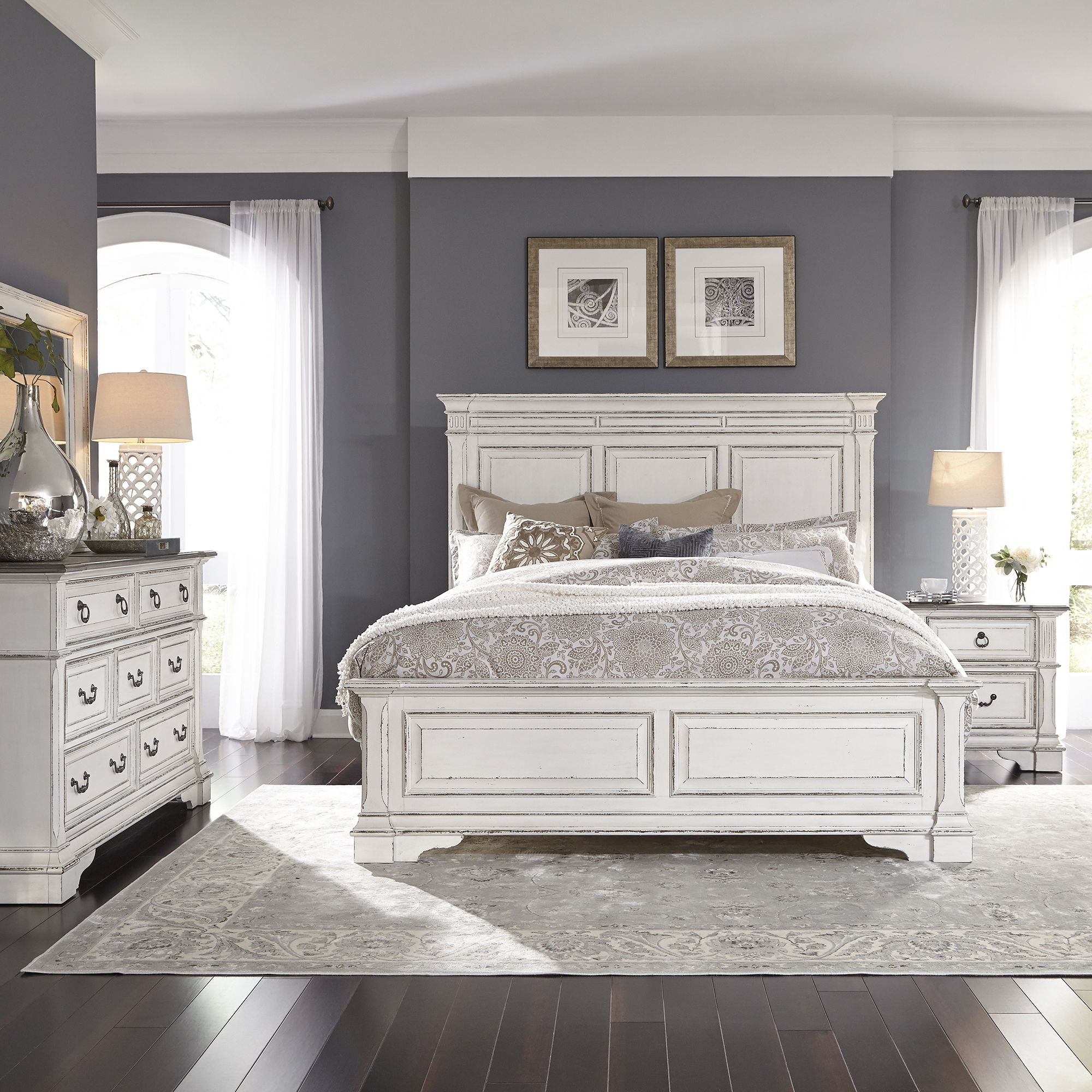 Abbey Park - California King Panel Bed, Dresser & Mirror, Night Stand - White
