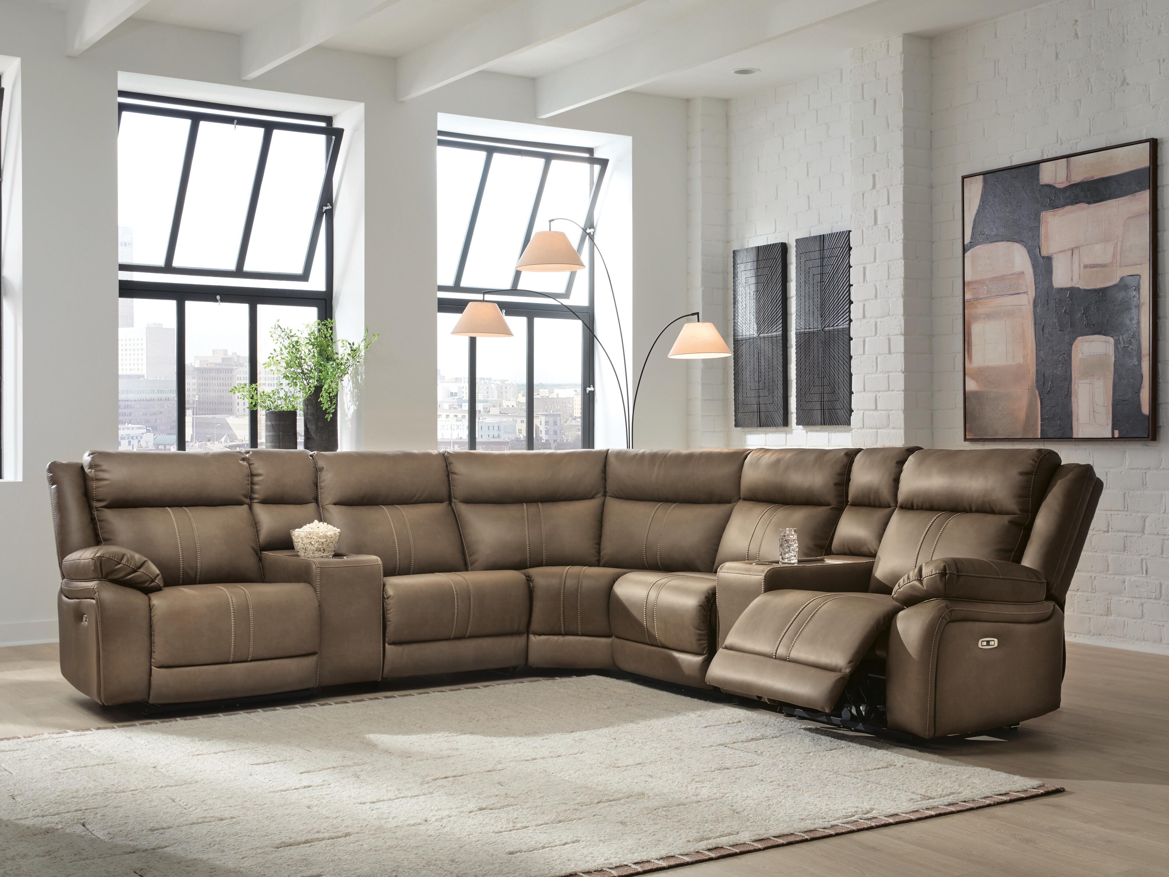 Ashley Furniture Max-Momentum - 7-Piece Power Reclining Sectional With 2 Armless Chairs And 2 Audio Consoles - Biscotti - Image 2