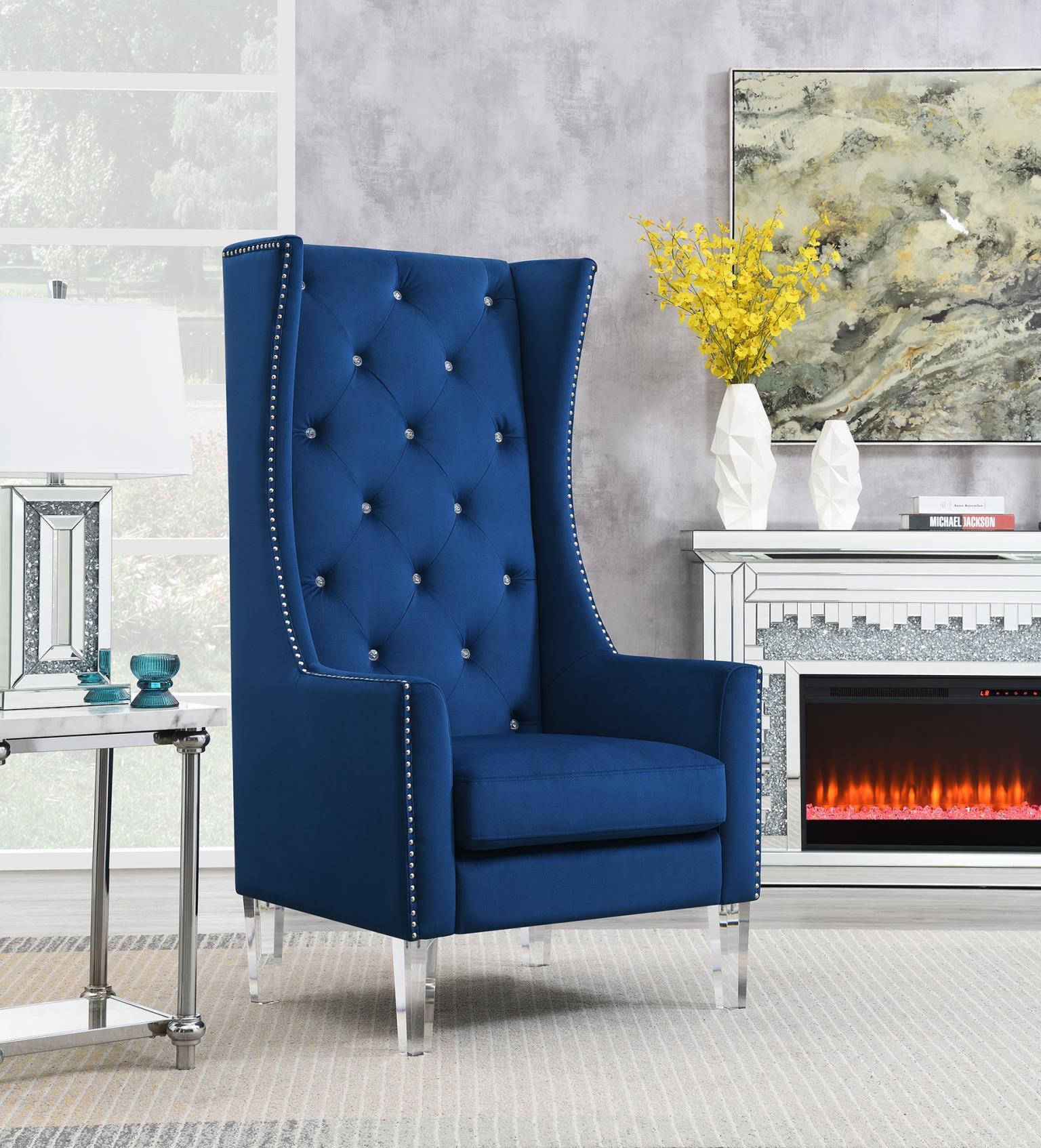 D2091 - High Back Velvet Wing Chair With Acrylic Legs - Blue