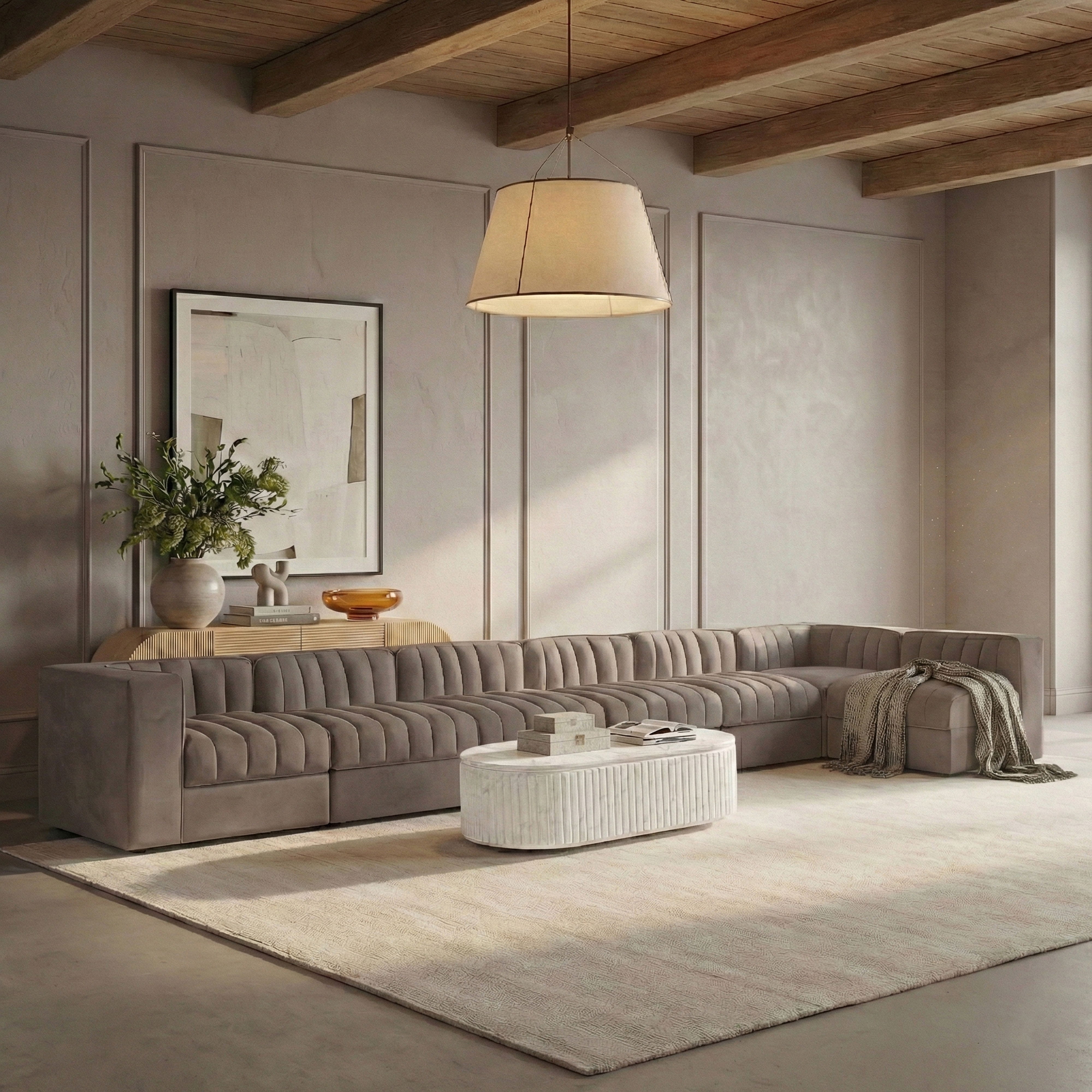 Rummi - Velvet Performance Fabric Upholstered 7 Piece Modular Sectional, L-Shaped (Right) - Taupe