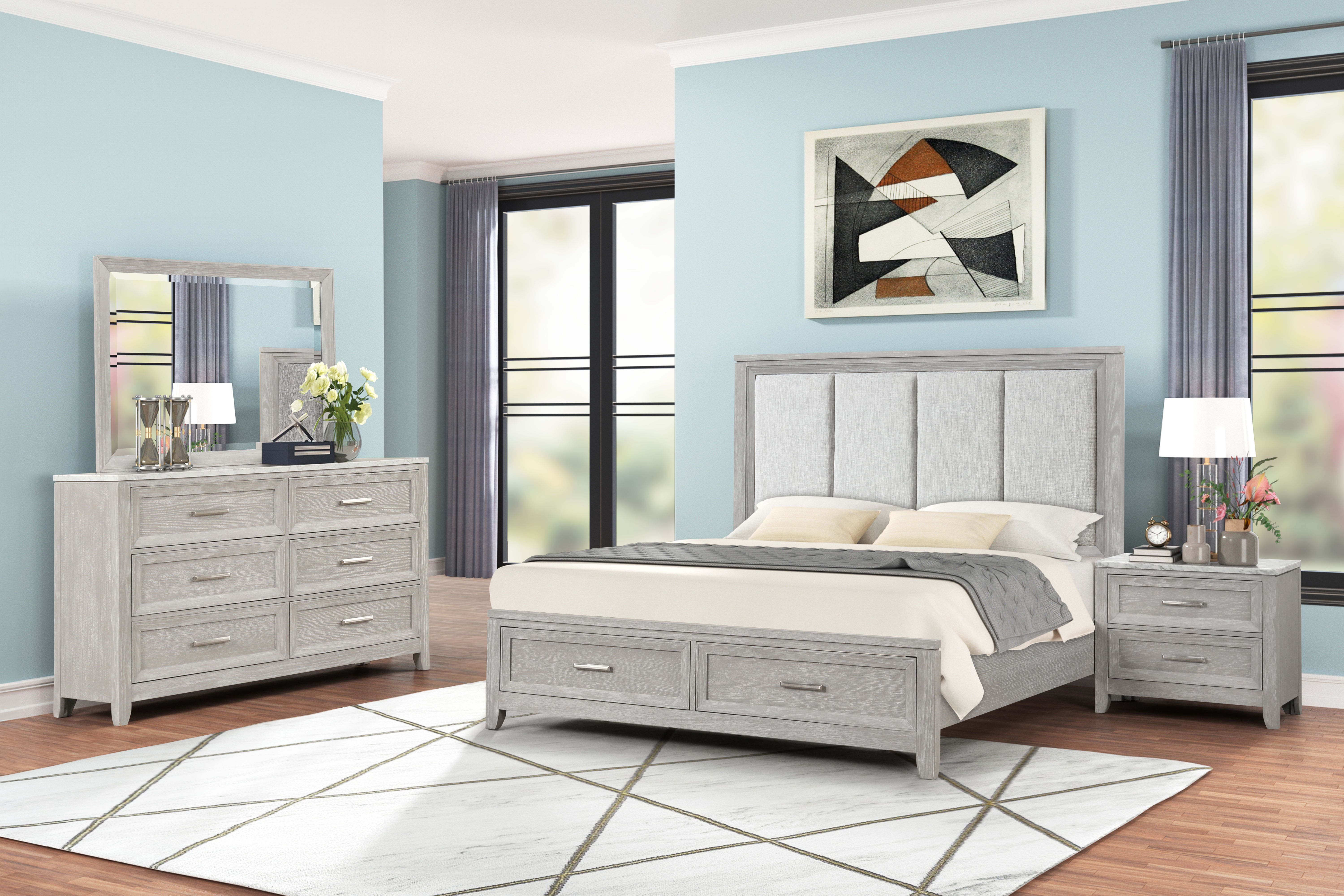 Fiona - 6/0 California King 4 Piece Bedroom Set (Bed & Dresser & Mirror & Nightstand) - Gray
